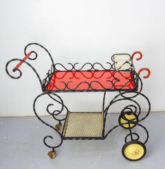 Mid-century Black Metal & Plexiglass Red & Yellow Trolley Bar Cart, circa 1950