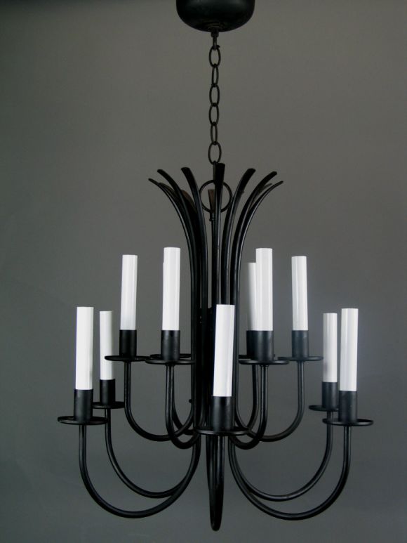 Two level black iron chandelier, 12 lights.
 