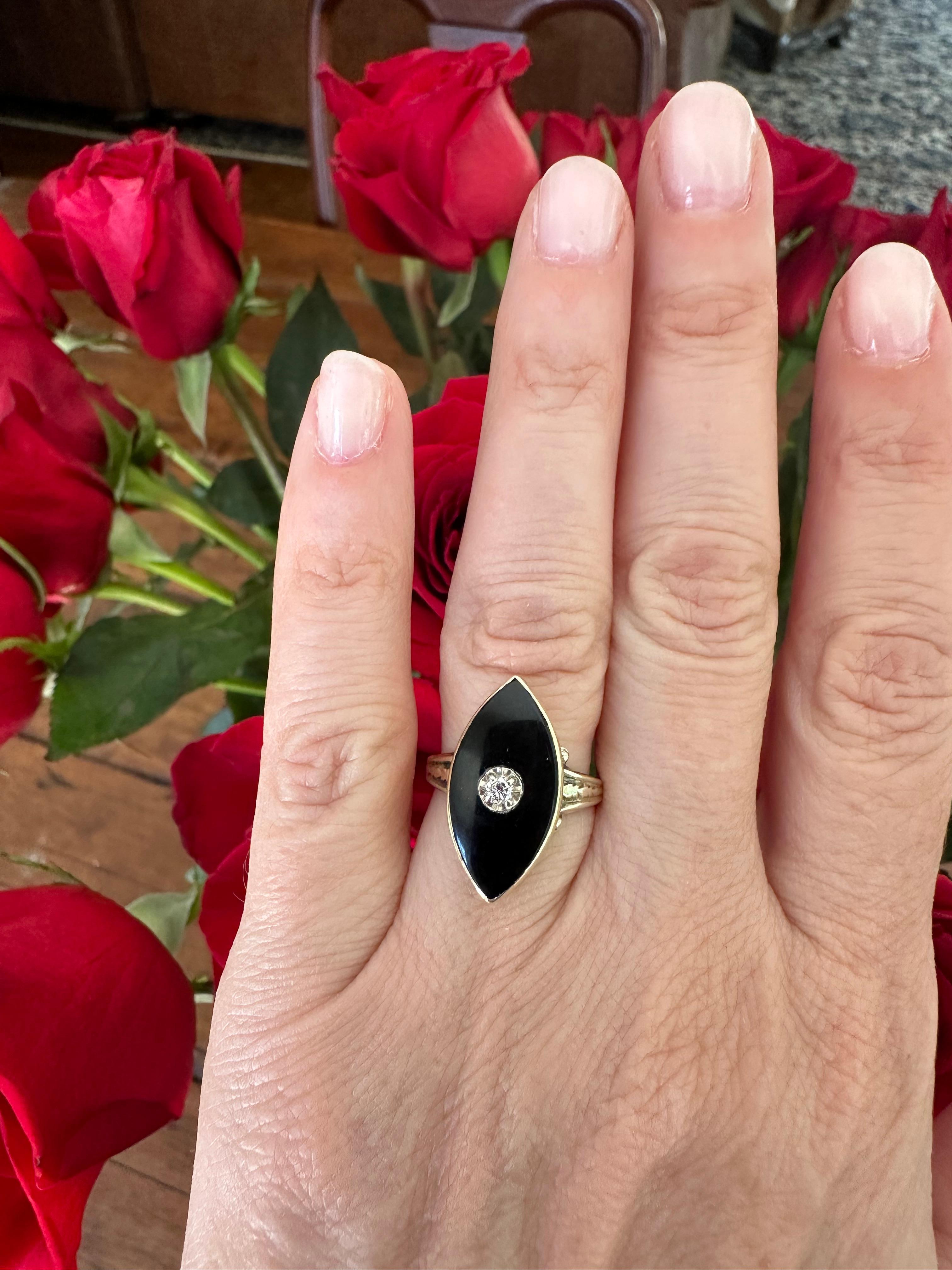 Anello da cena di metà secolo in onice nero e diamanti a navette In condizioni buone in vendita a Denver, CO