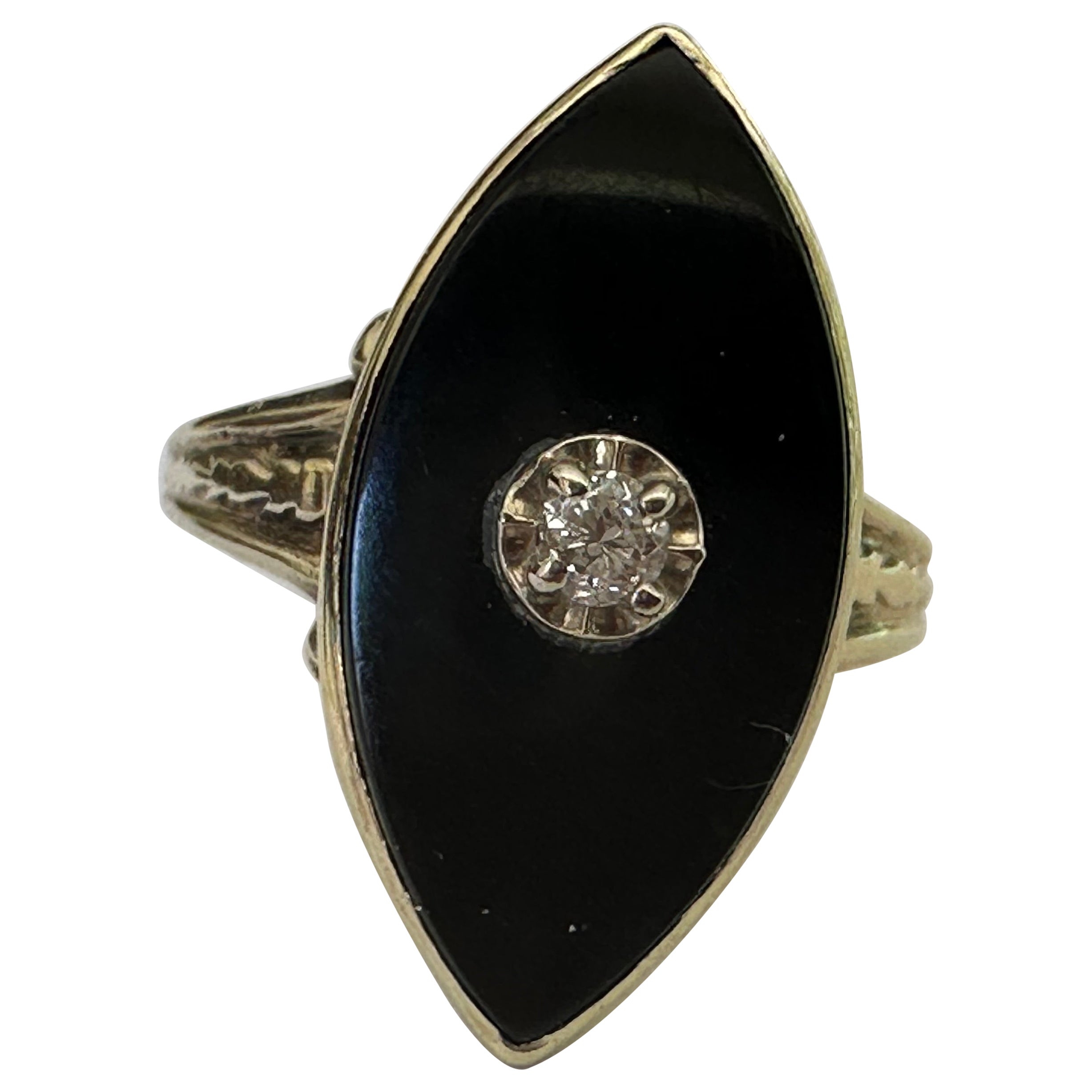 Bague de table du milieu du siècle en onyx noir et diamants avec navette