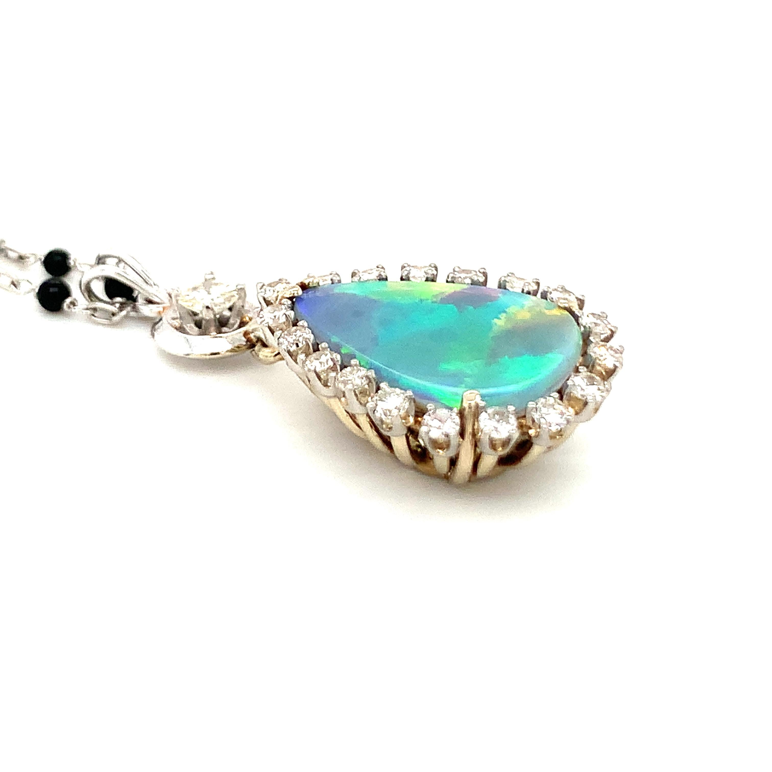 Cabochon Mid-Century Black Opal and Diamond 18K White Gold Pendant For Sale