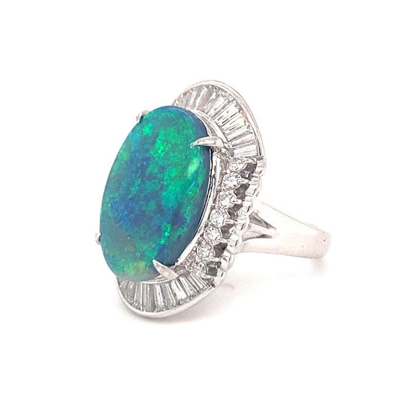 Cabochon Mid-Century Black Opal and Diamond Ring in Platinum, circa 1950s For Sale