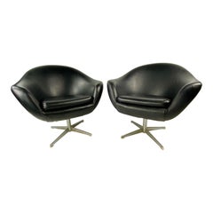 Vintage Mid-Century Black Overman Swedish Swivel Lounge Chairs, a Pair