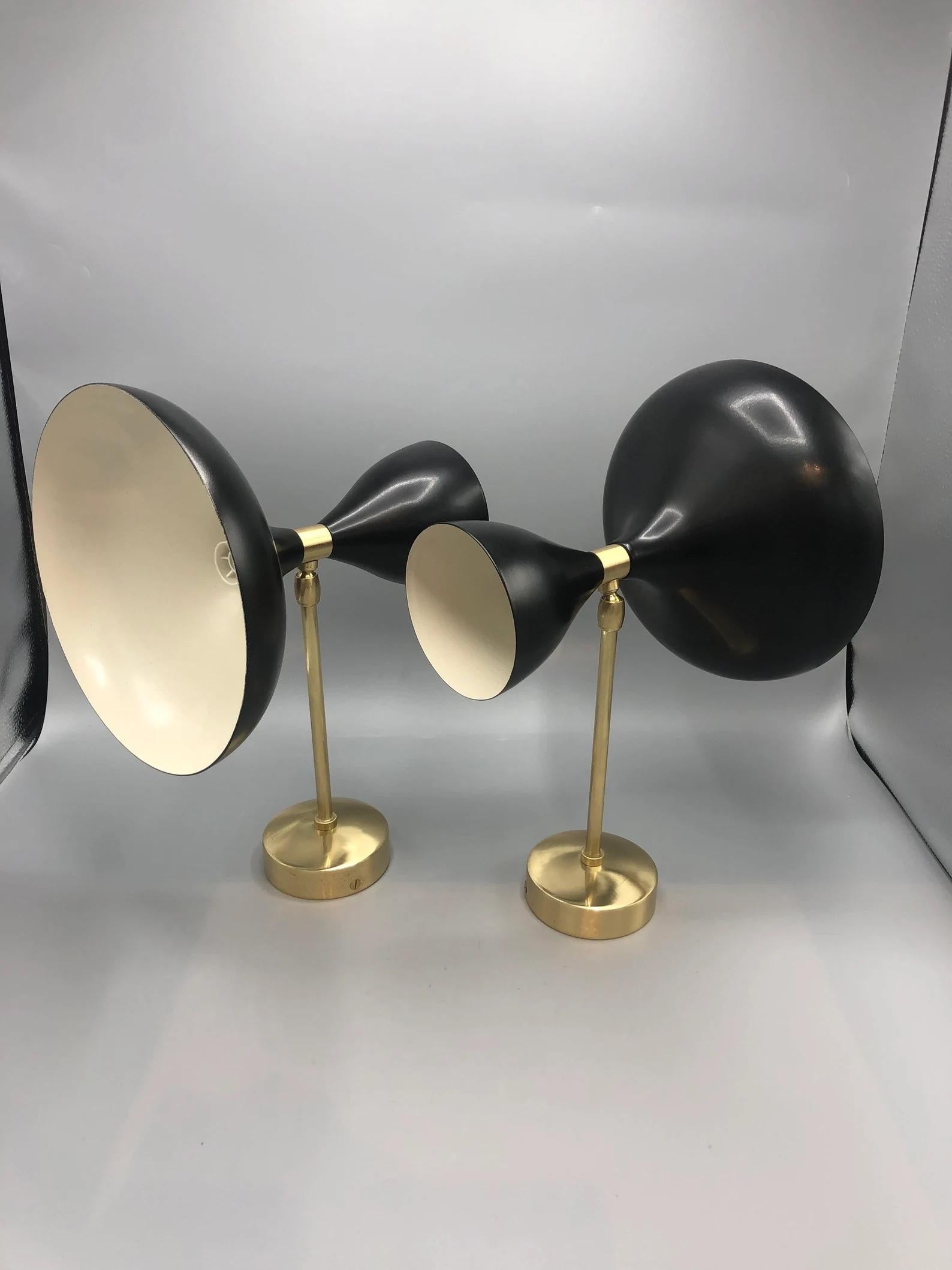 Mid Century Black Oxide & Brass Dish Sconces Stilnovo Arteluce Inspired 'Pair' In Excellent Condition In Hudson, NY