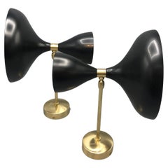 Mid Century Black Oxide & Brass Dish Sconces Stilnovo Arteluce Inspired 'Pair'