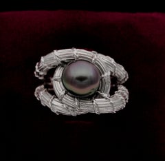 Midcentury Black Pearl Platinum Snake Ring