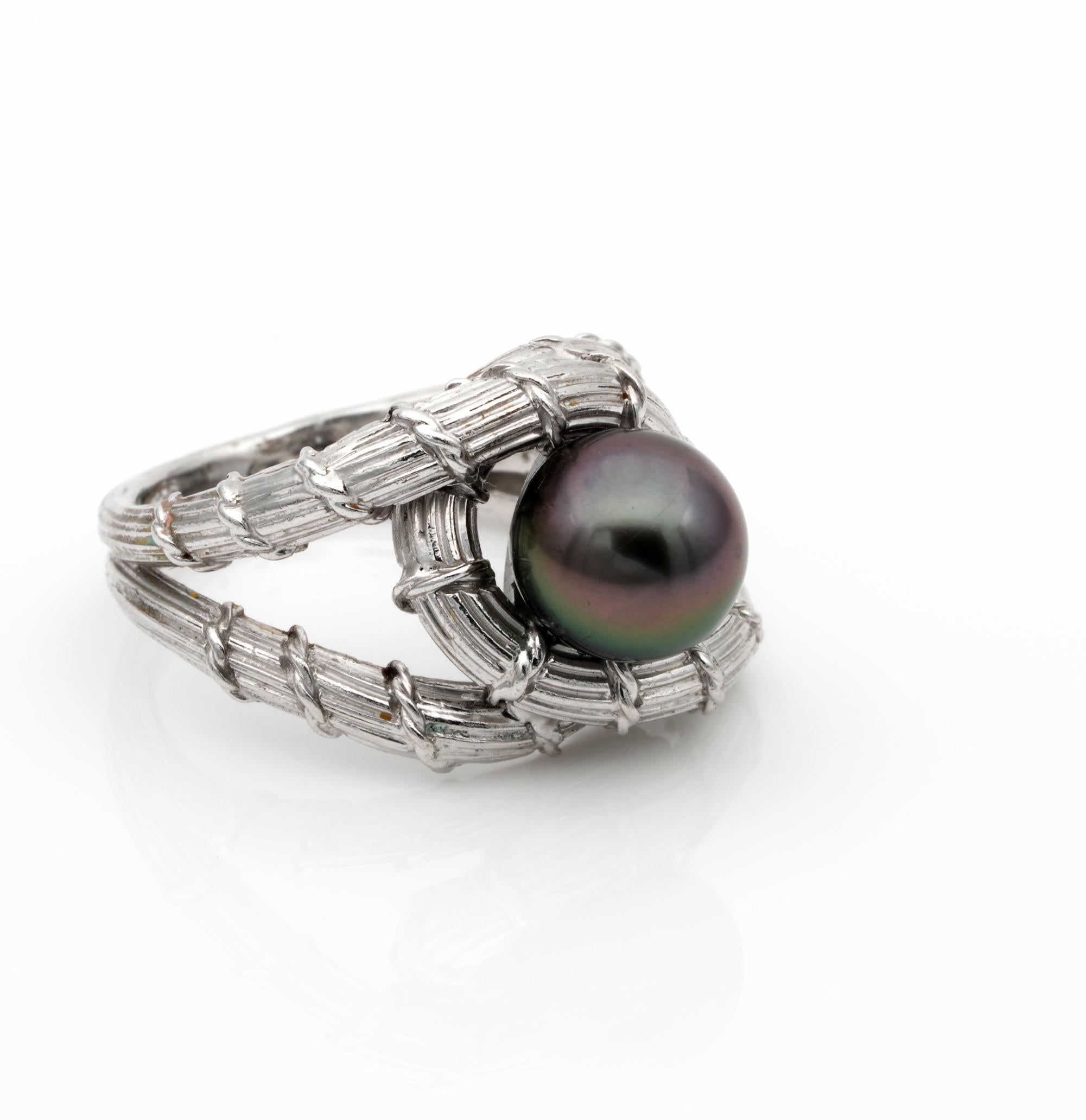 Contemporary Midcentury Black Pearl Platinum Snake Ring For Sale