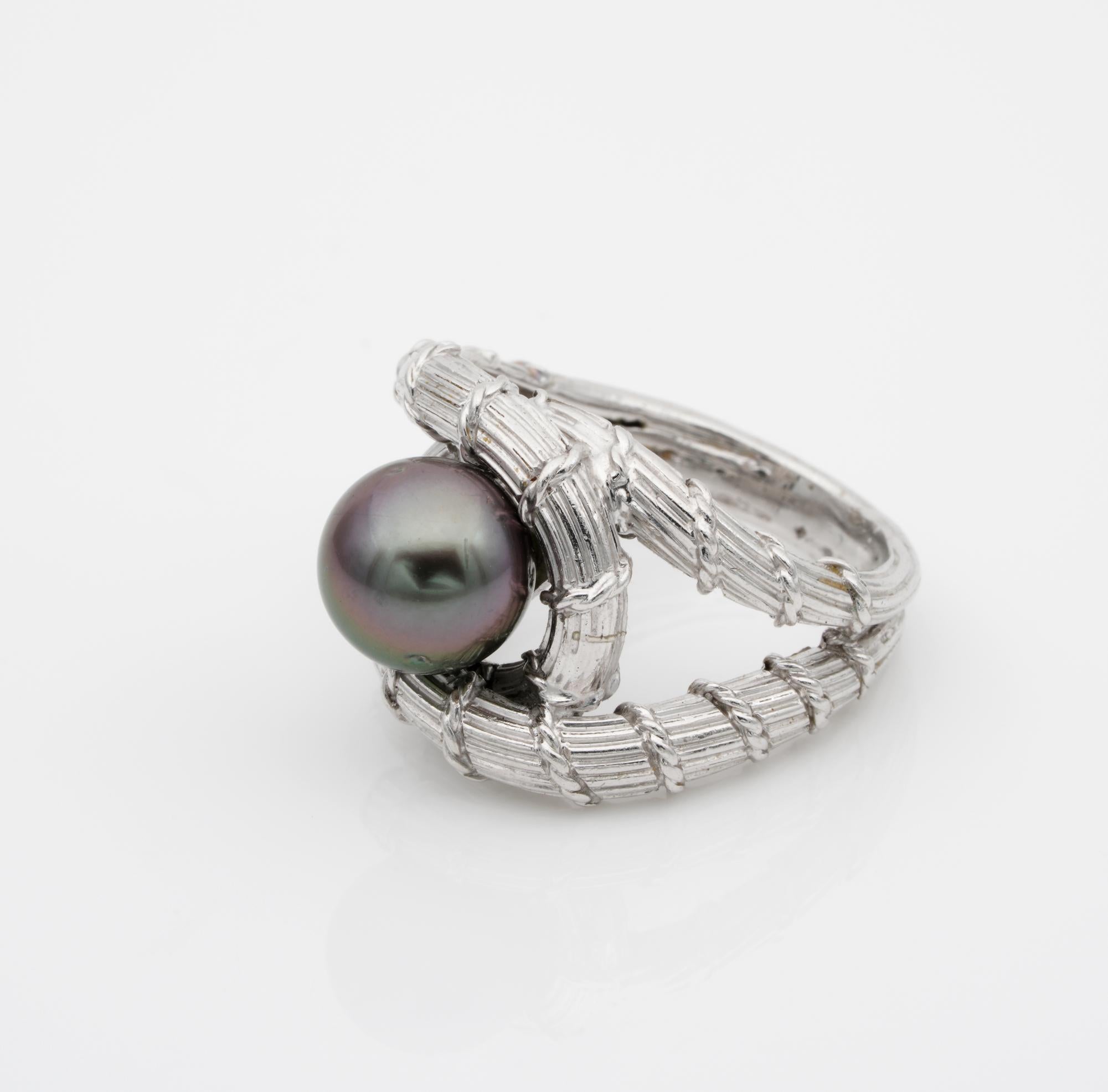 Women's Midcentury Black Pearl Platinum Snake Ring For Sale