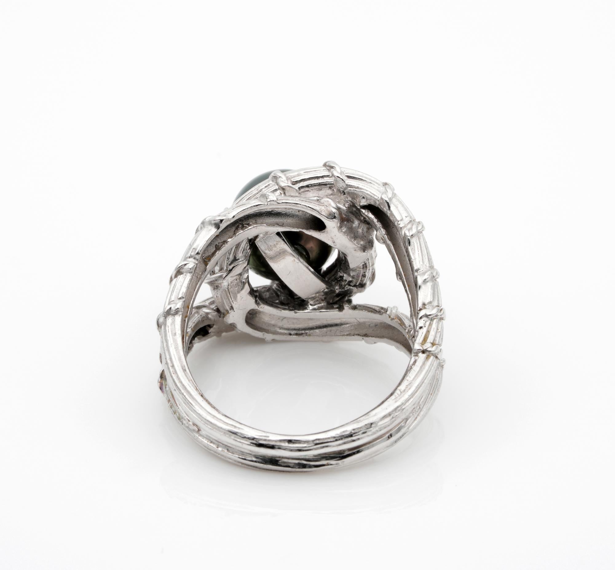 Midcentury Black Pearl Platinum Snake Ring For Sale 2