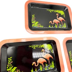 Mid-century Black & Pink Flamingo Enameled Tin Tray, Set of 3