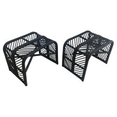 Mid Century Black Rattan Accent Tables in Chevron Pattern-a Pair