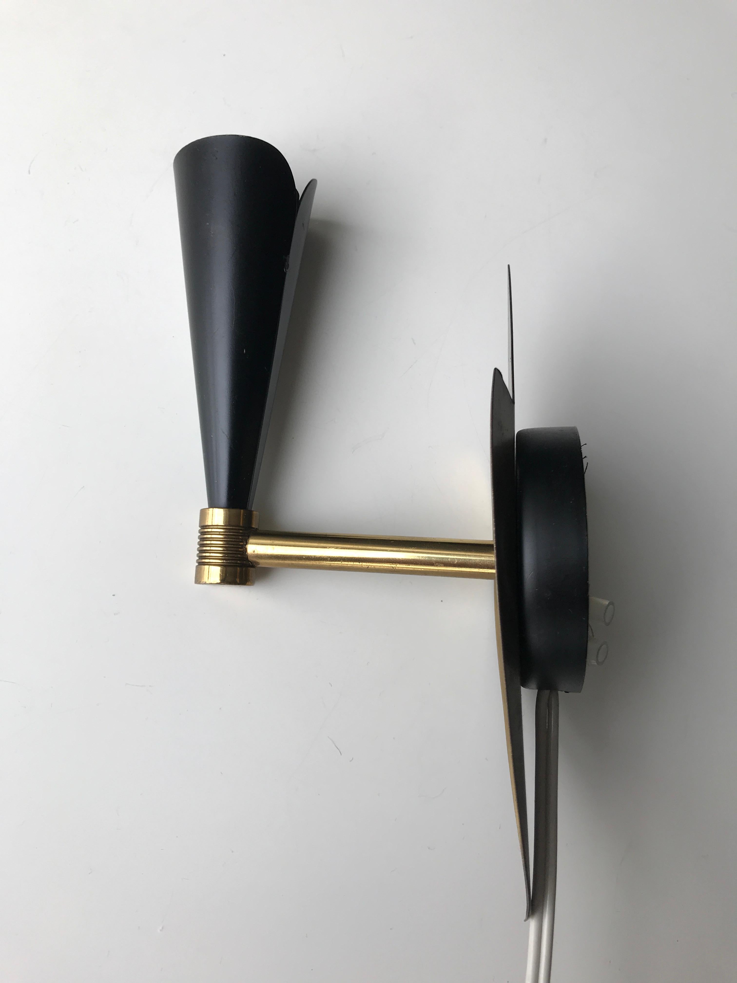 Mid-Century Diablo style Black Satin and Brass Wall Sconces For Sale 7