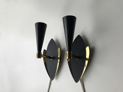 Mid-Century Diablo style Black Satin and Brass Wall Sconces