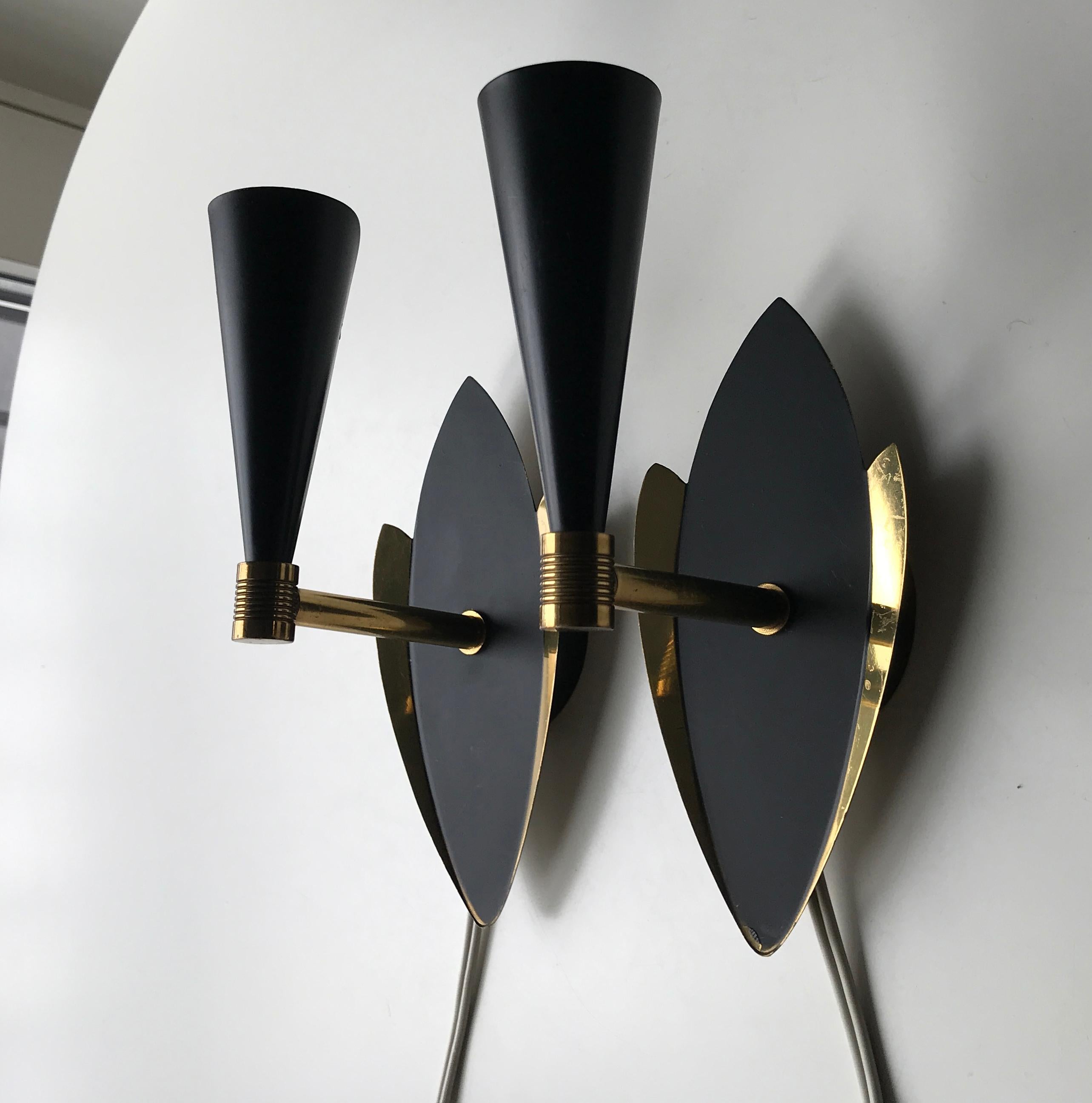 Danish Mid-Century Diablo style Black Satin and Brass Wall Sconces For Sale