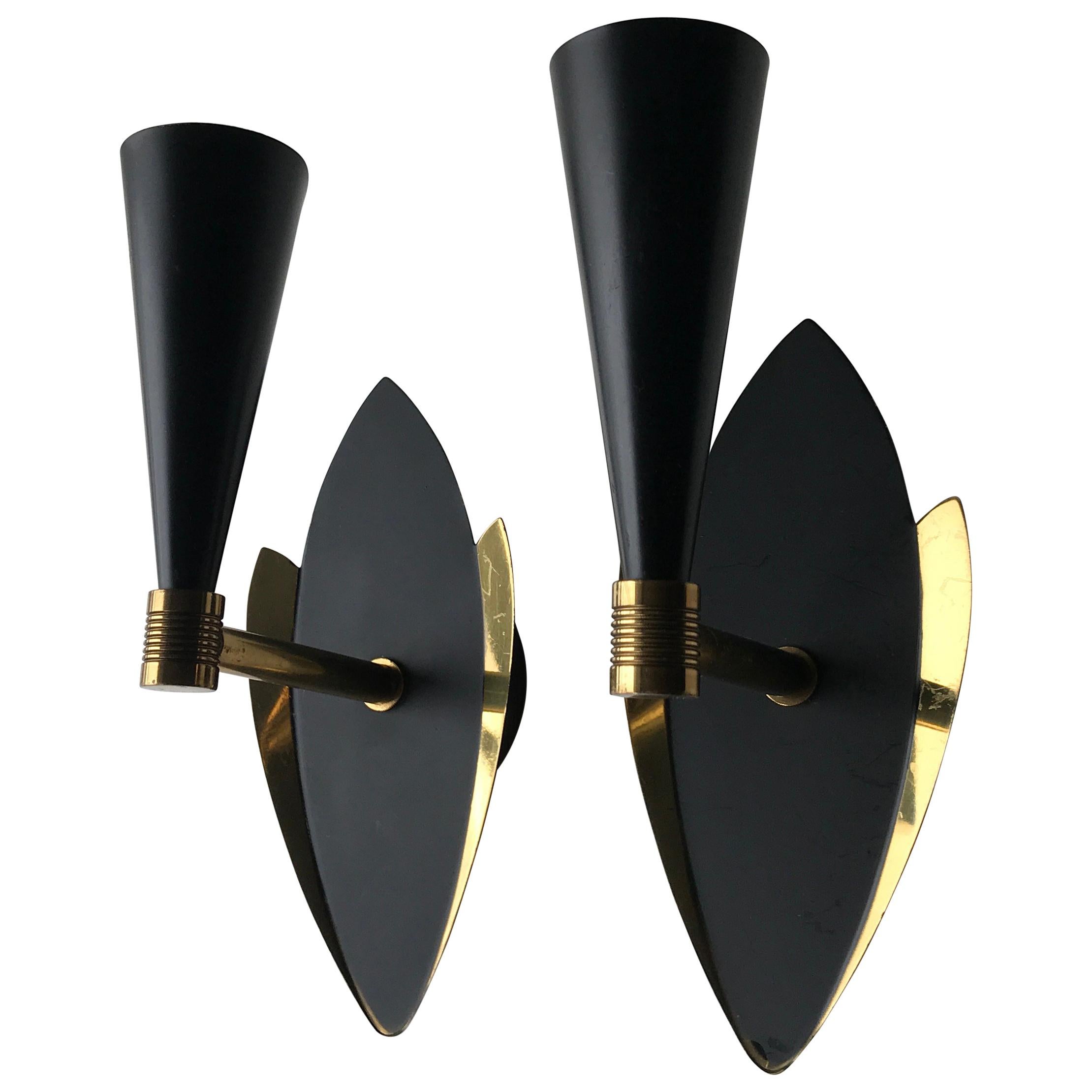 Mid-Century Diablo style Black Satin and Brass Wall Sconces For Sale