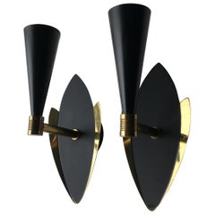 Mid-Century Diablo style Black Satin and Brass Wall Sconces