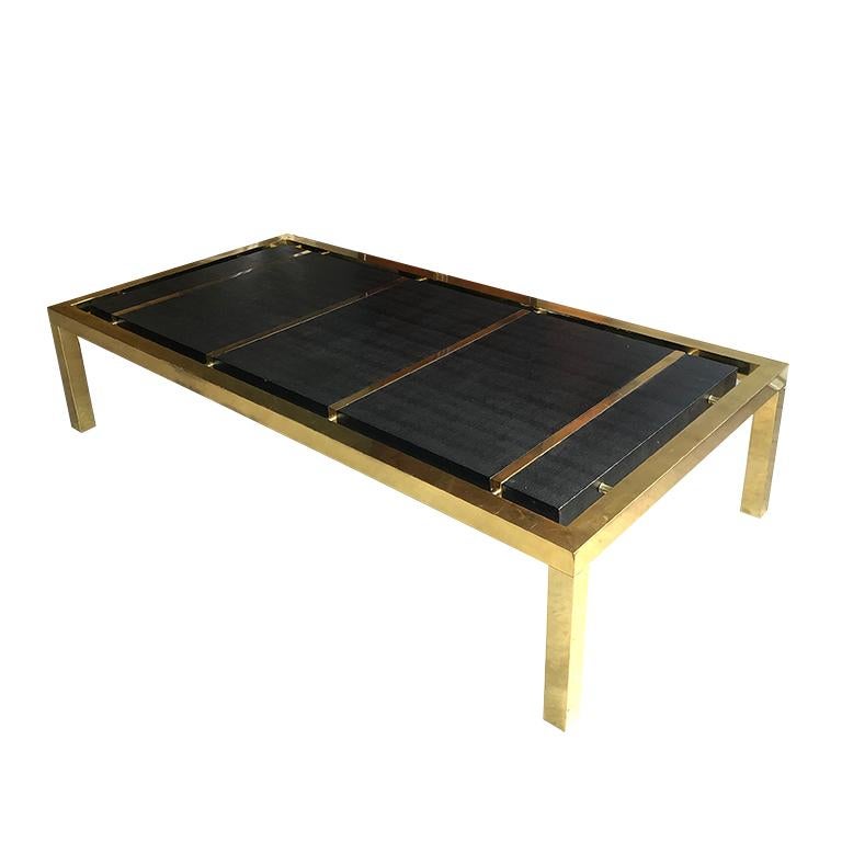 Black and Brass Mid Century Rectangular Shagreen or Leather Coffee Table