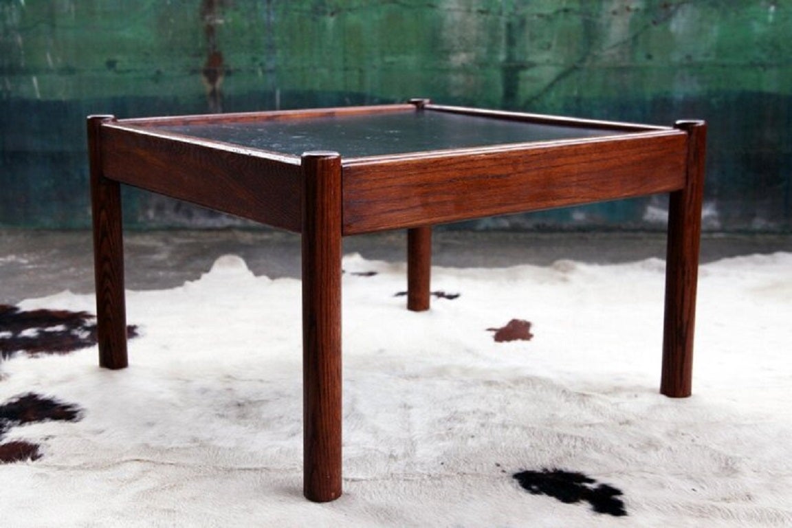 Mid-Century Black Surface and Dark Wood Frame Coffee Table For Sale