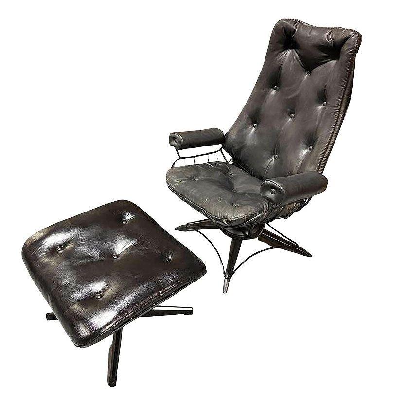 Sillón giratorio de hierro negro de mediados de siglo con otomana by Homecrest Estadounidense en venta