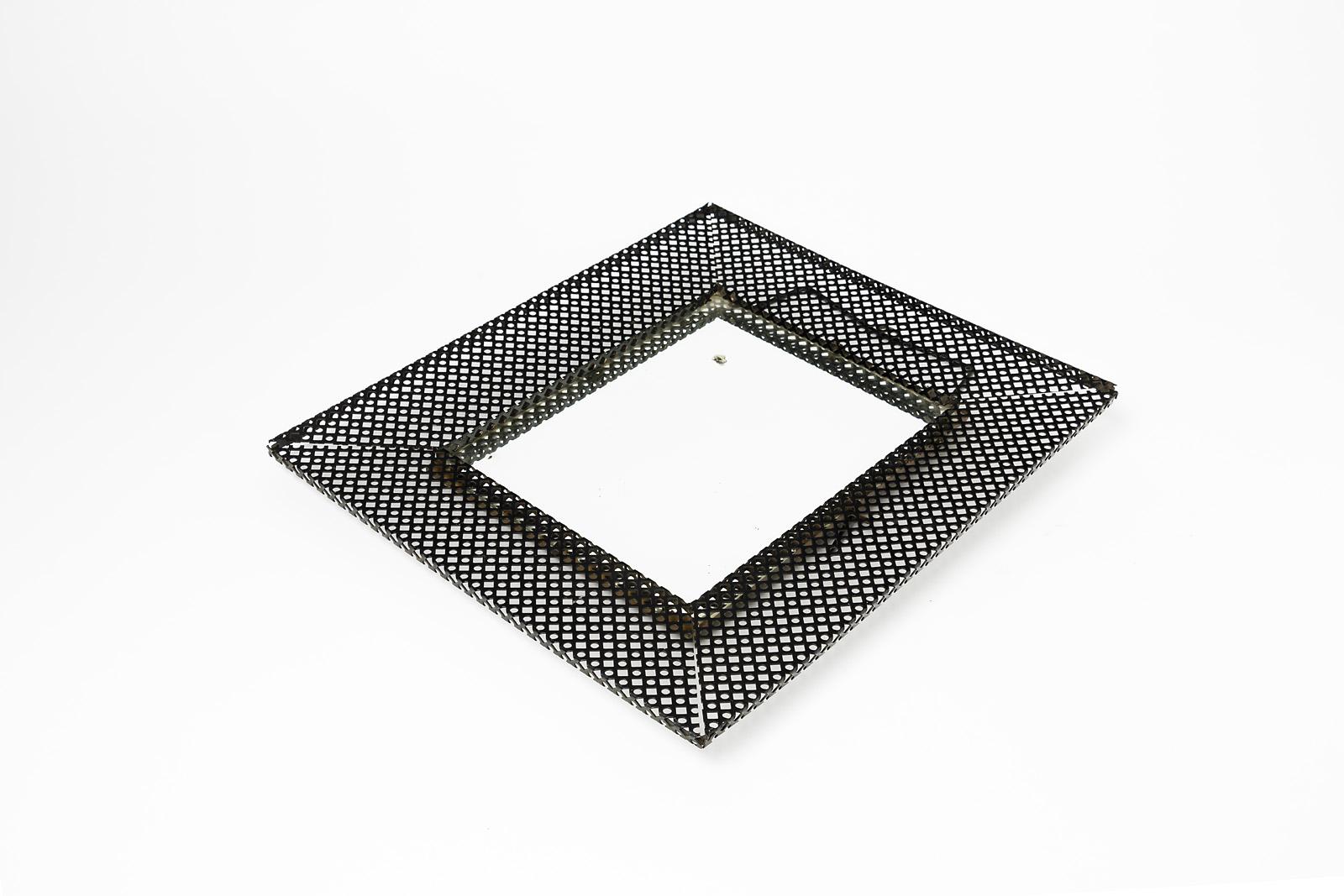 Mid-Century Modern Midcentury Black Table and Wall Perforated Metal Mirror in the Style of Matégot For Sale