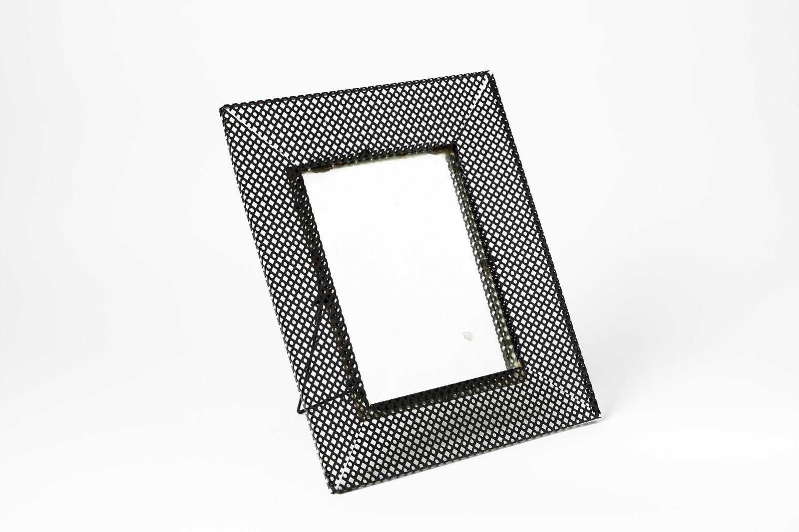 French Midcentury Black Table and Wall Perforated Metal Mirror in the Style of Matégot For Sale