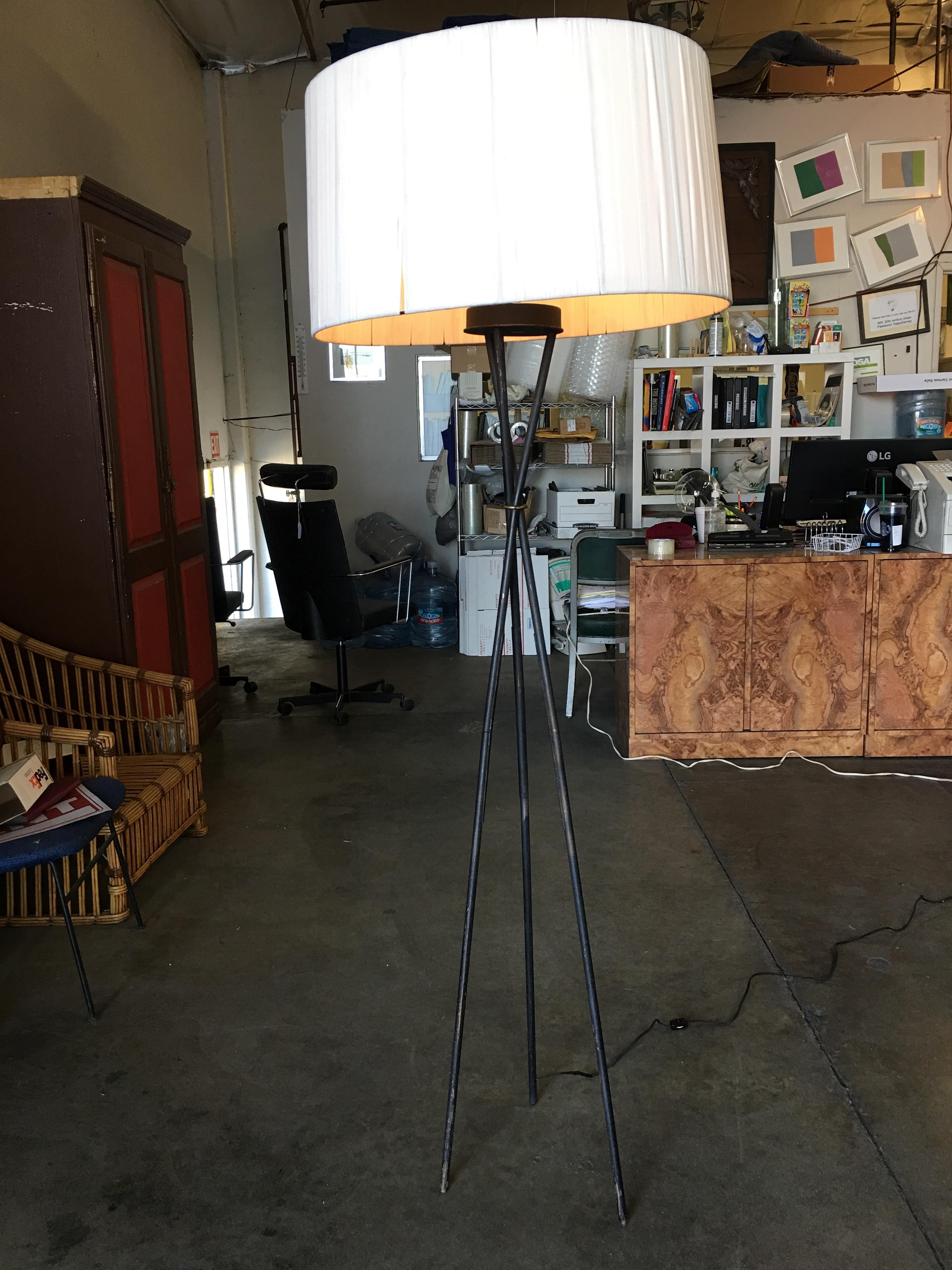 American Midcentury Black Thin Iron Rod Tripod Floor Lamp For Sale