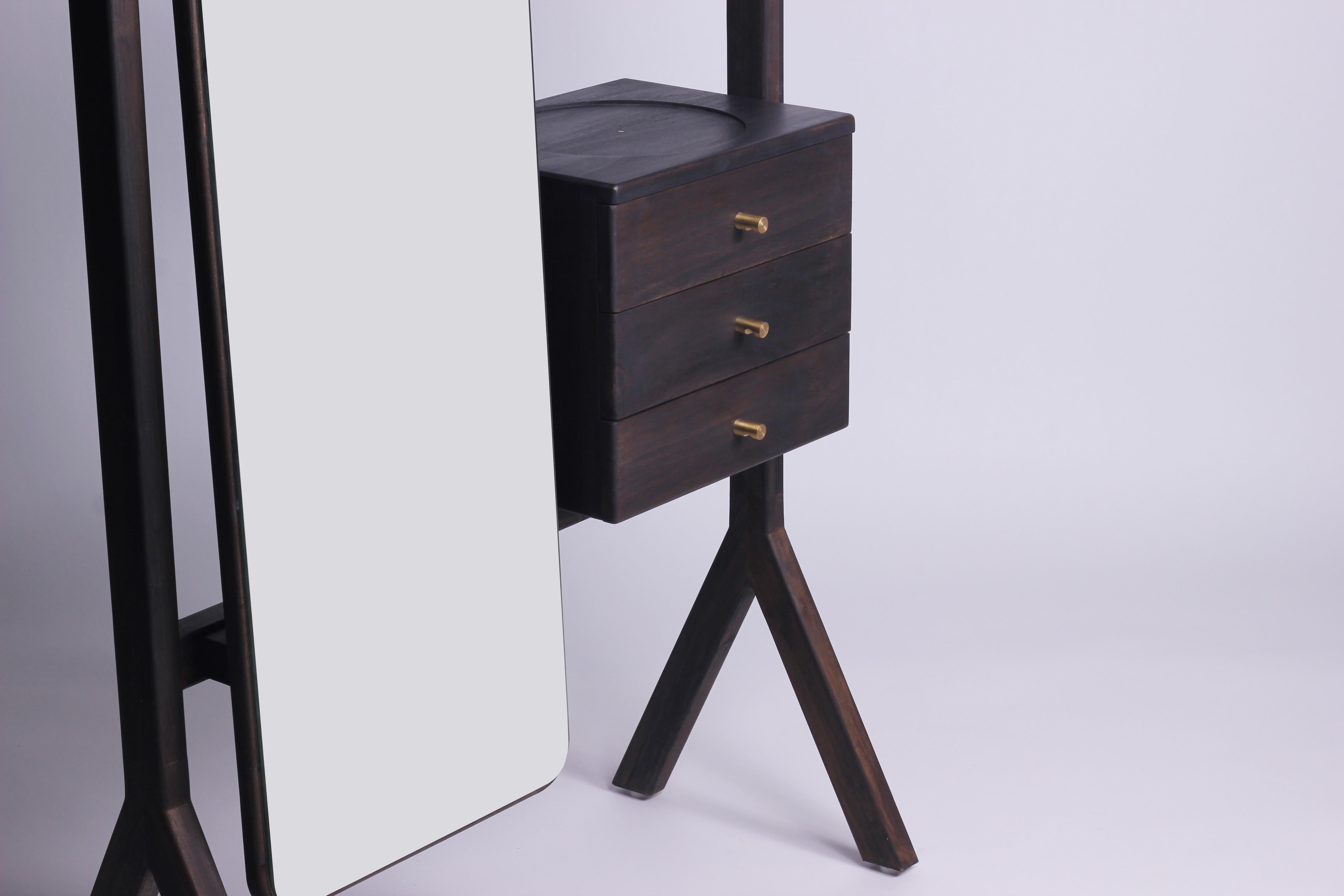 Mid-Century Modern Cleopatra Modern Vanity Dressing Table unit in Solid Oak with Mirror & Brass For Sale