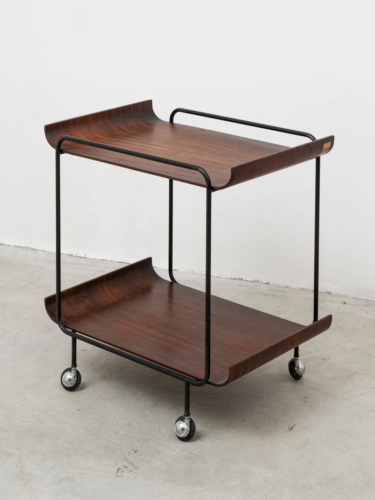 Mid-Century Modern Midcentury Black Varnished Iron and Rosewood Serving Cart by Creazioni Stilcasa For Sale