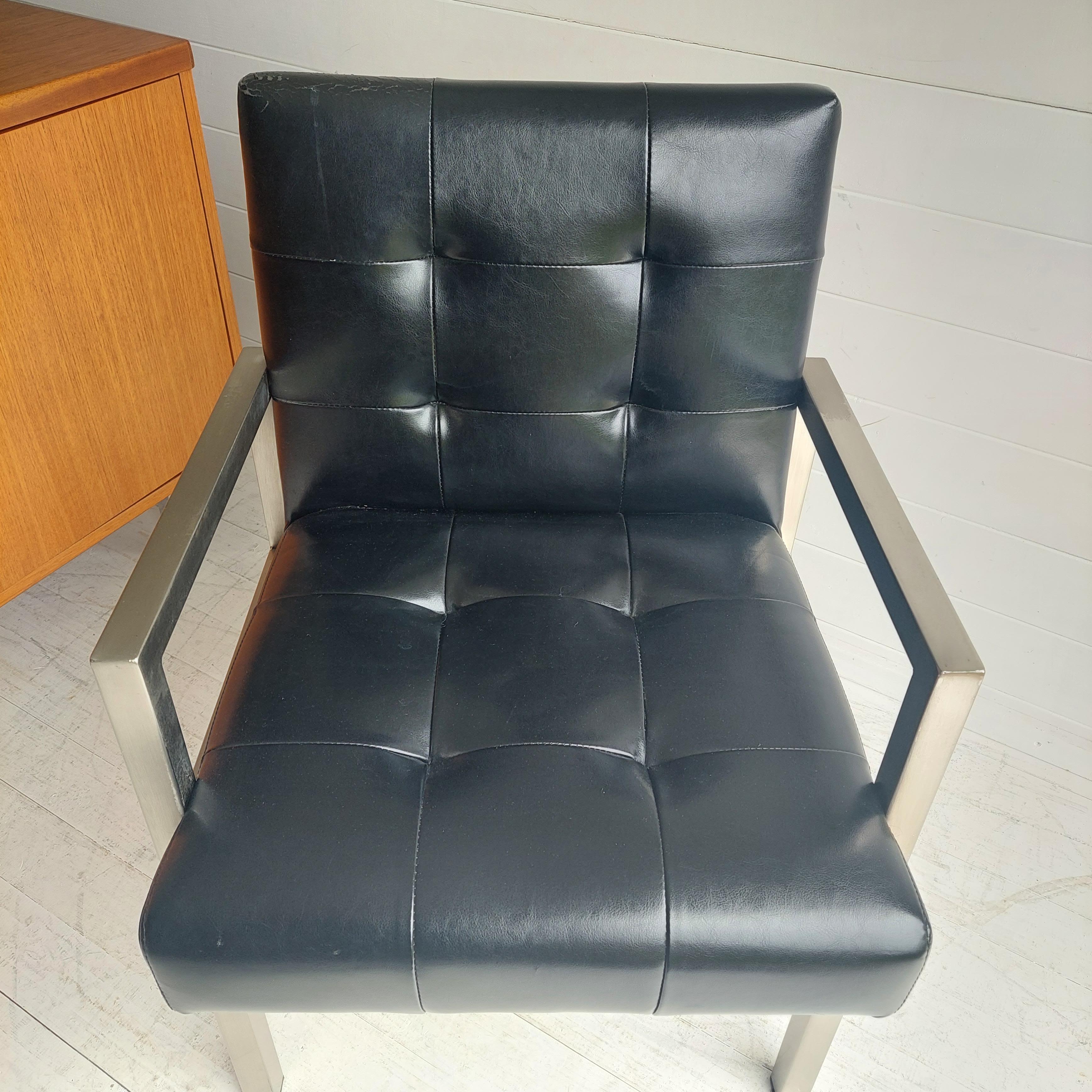 Midcentury Black Vinyl Accent Chair Minimal Retro Vintage Waiting Room Armchair For Sale 13