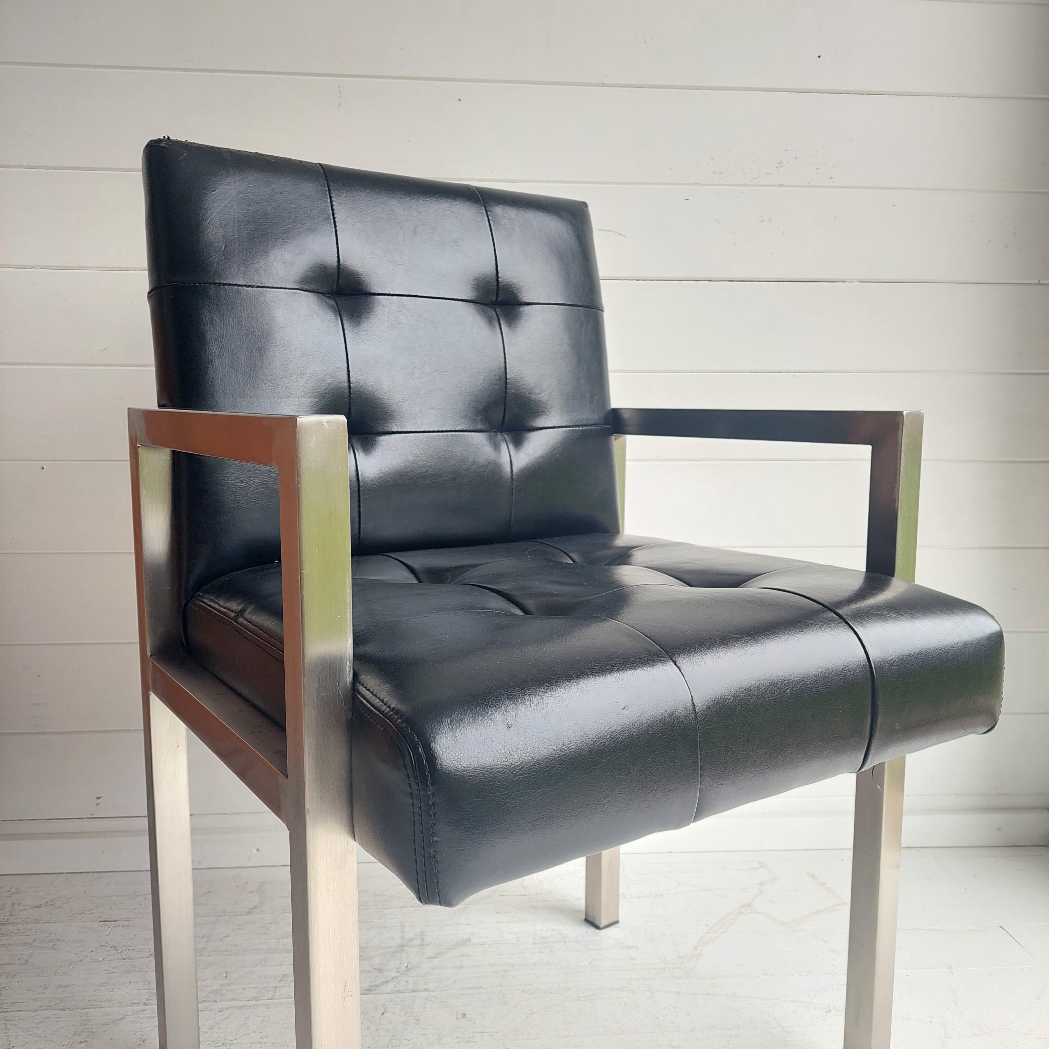 Mid-Century Modern Midcentury Black Vinyl Accent Chair Minimal Retro Vintage Waiting Room Armchair For Sale