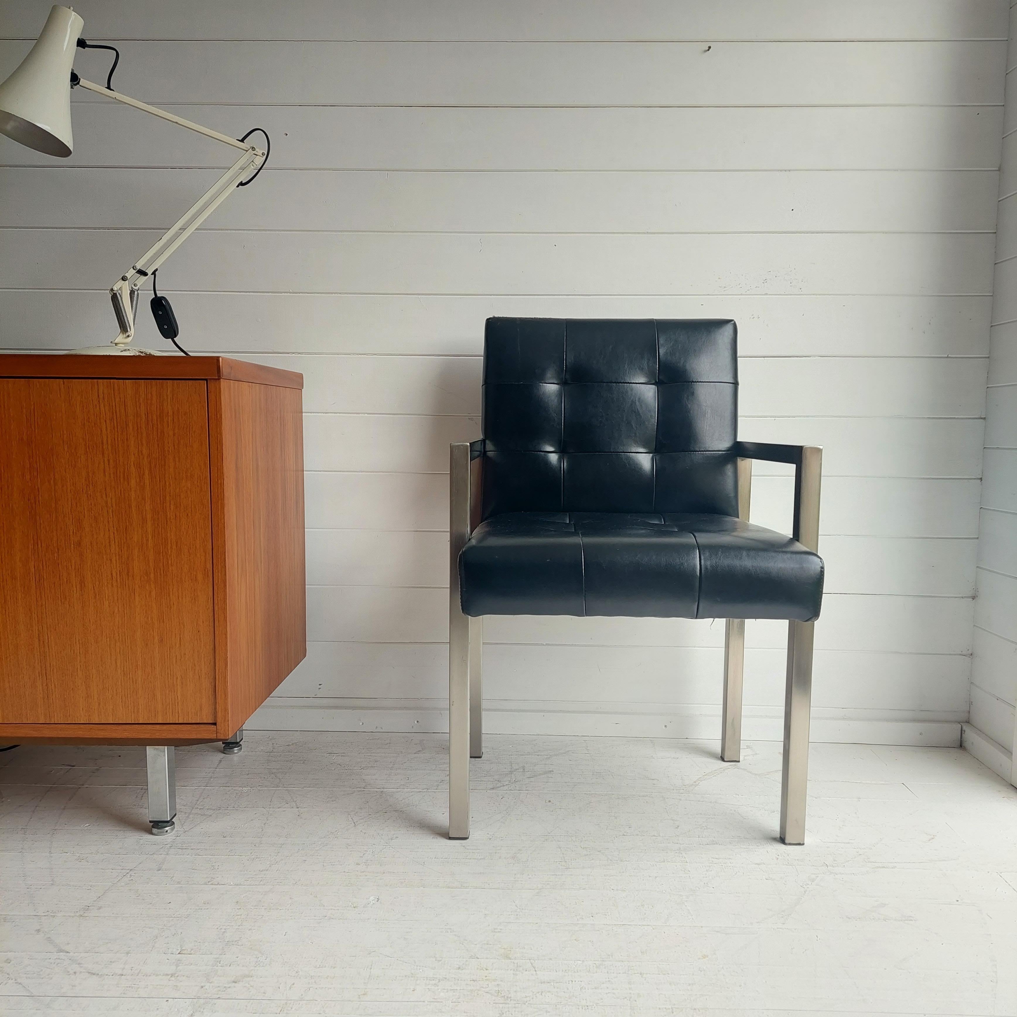 European Midcentury Black Vinyl Accent Chair Minimal Retro Vintage Waiting Room Armchair For Sale
