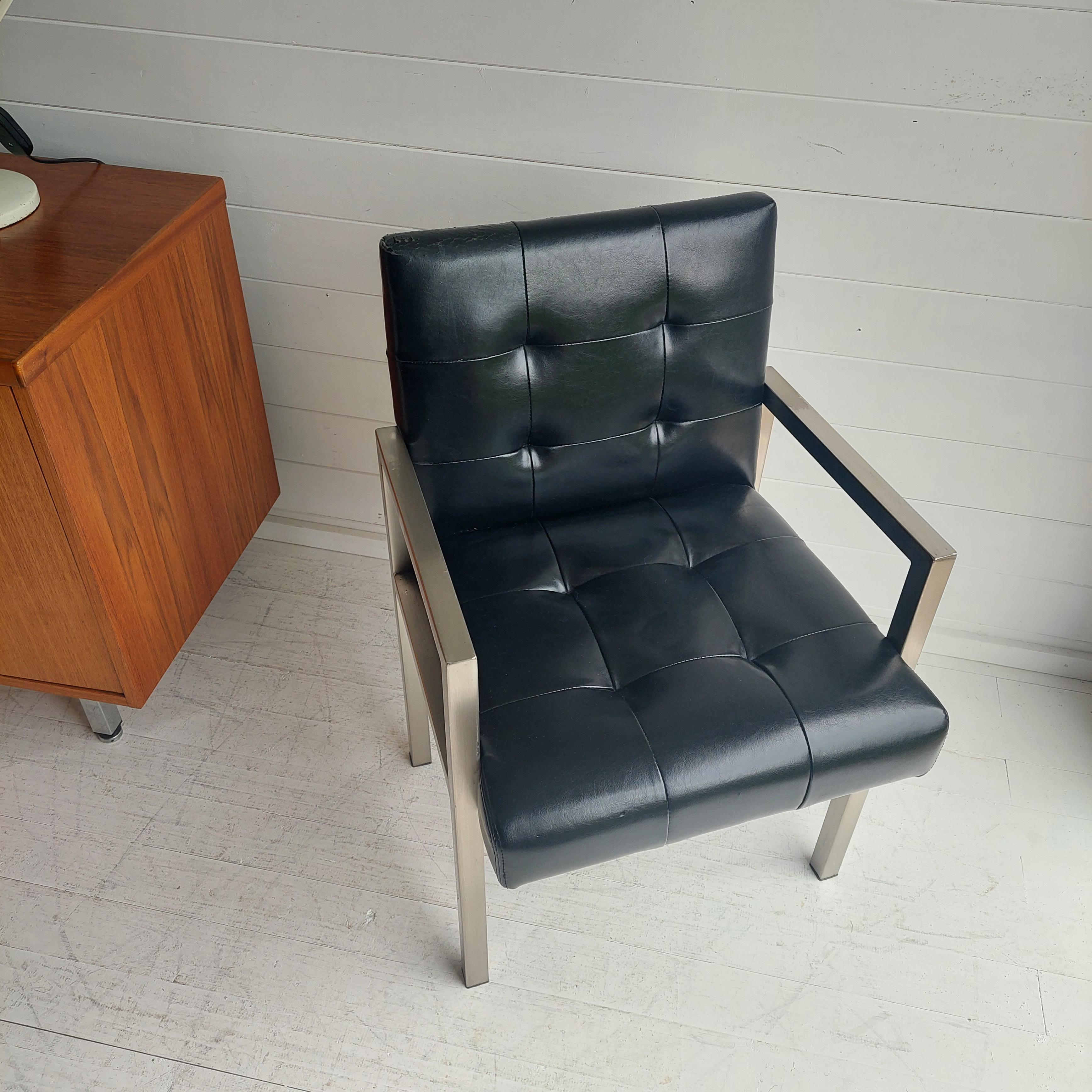 Midcentury Black Vinyl Accent Chair Minimal Retro Vintage Waiting Room Armchair In Good Condition For Sale In Leamington Spa, GB