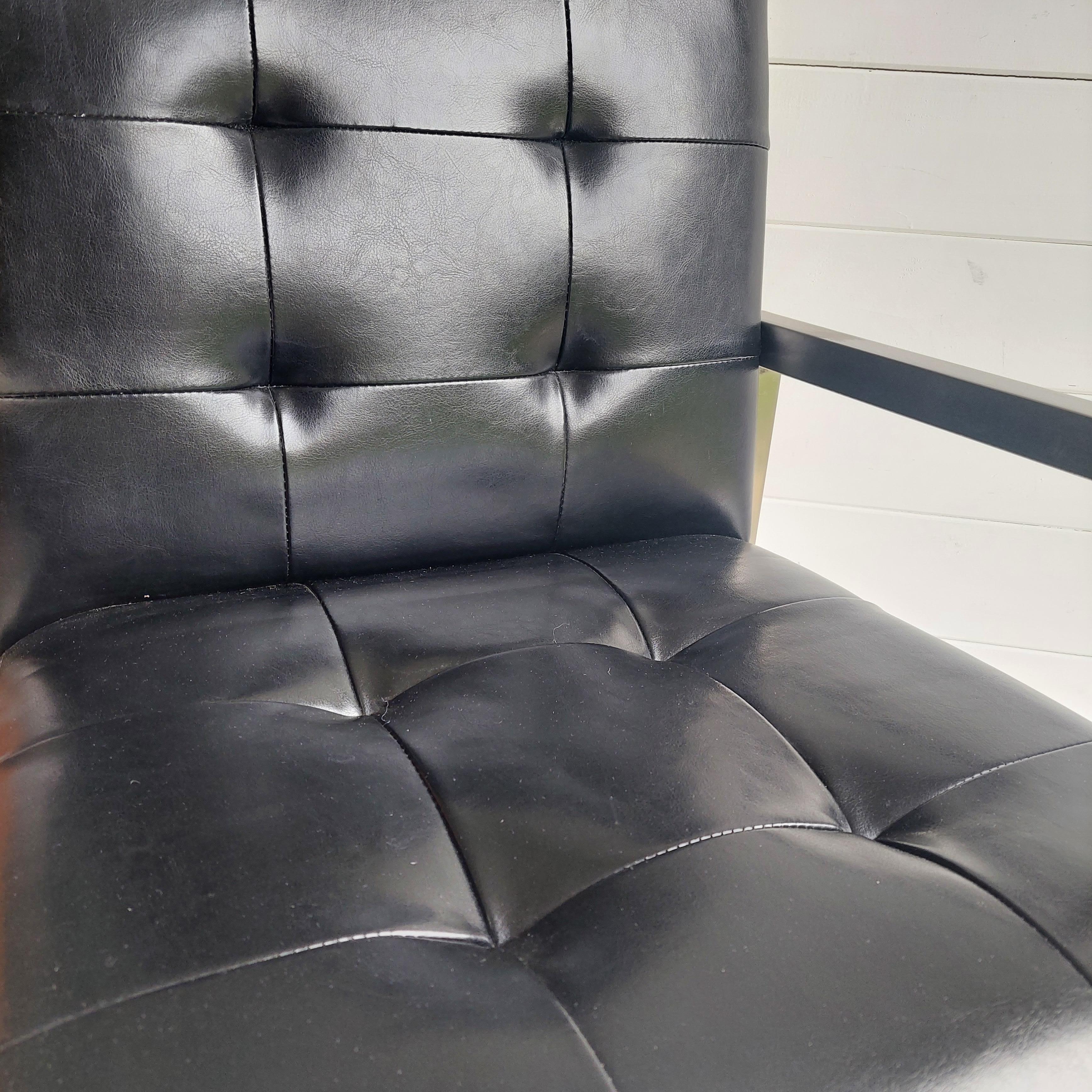 20th Century Midcentury Black Vinyl Accent Chair Minimal Retro Vintage Waiting Room Armchair For Sale