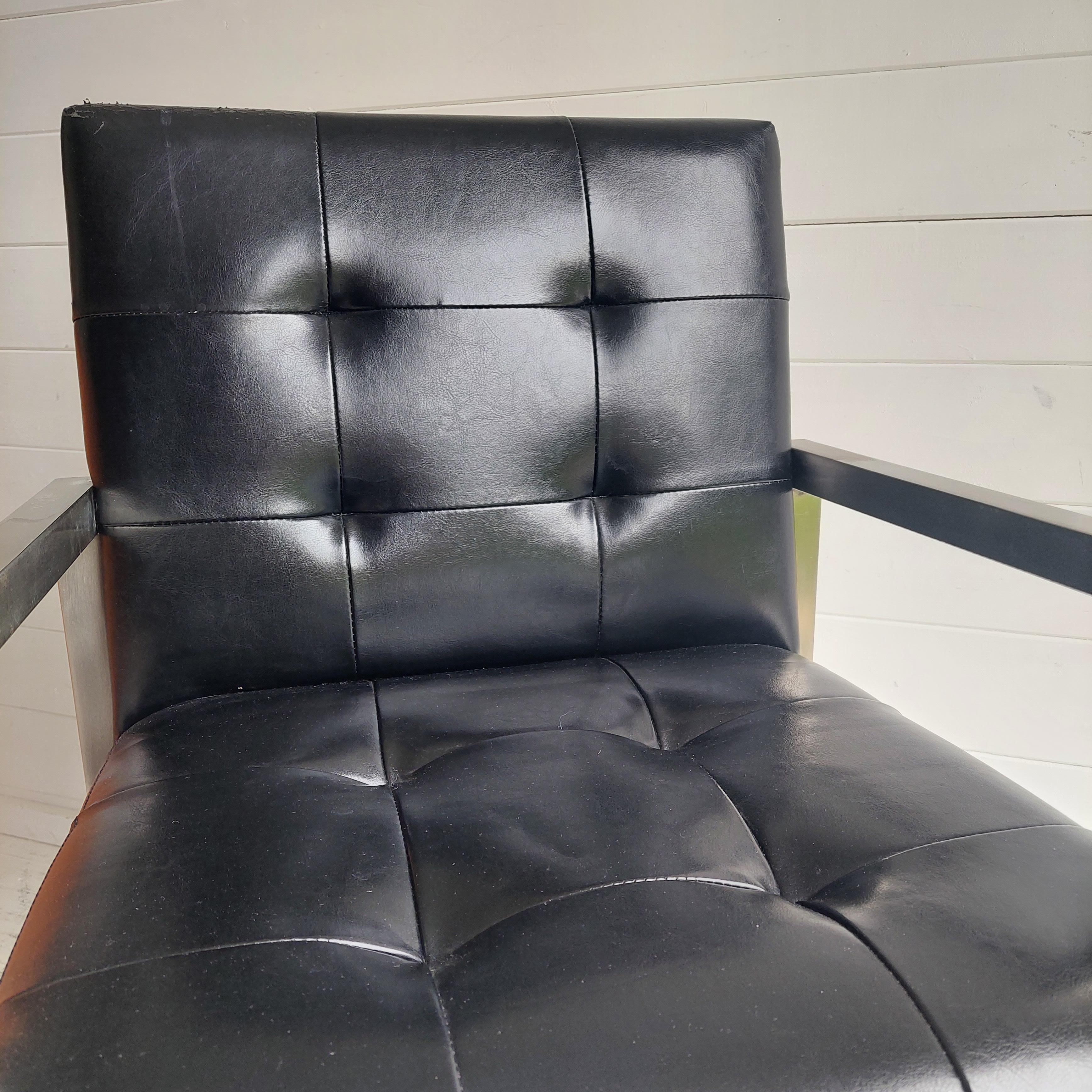 Faux Leather Midcentury Black Vinyl Accent Chair Minimal Retro Vintage Waiting Room Armchair For Sale