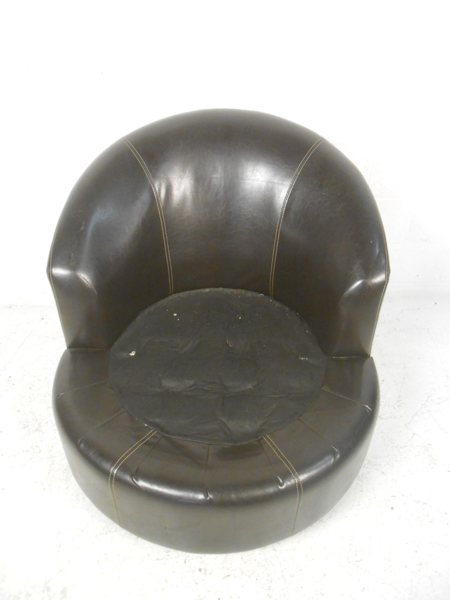 Upholstery Midcentury Black Vinyl and Micro Fiber Swivel Chair
