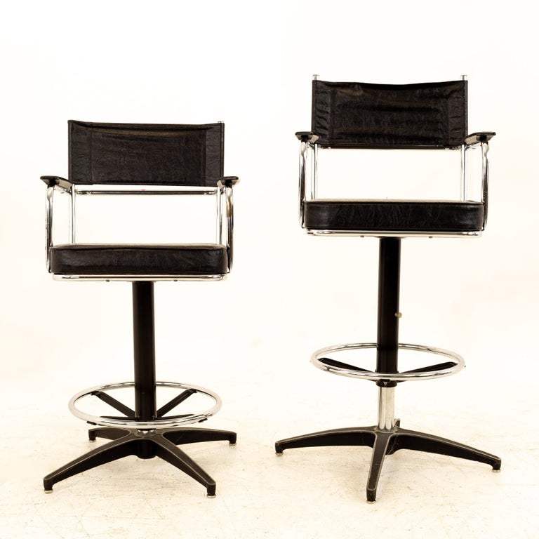 Mid Century Black Vinyl Bar Stools, Pair For Sale at 1stDibs