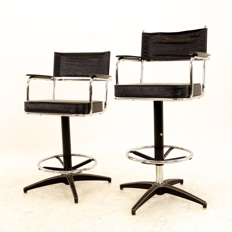 Mid Century Black Vinyl Bar Stools, Pair For Sale at 1stDibs