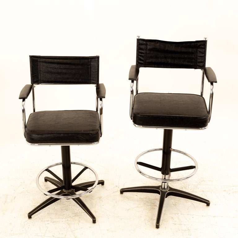 Mid Century Black Vinyl Bar Stools, Pair For Sale at 1stDibs
