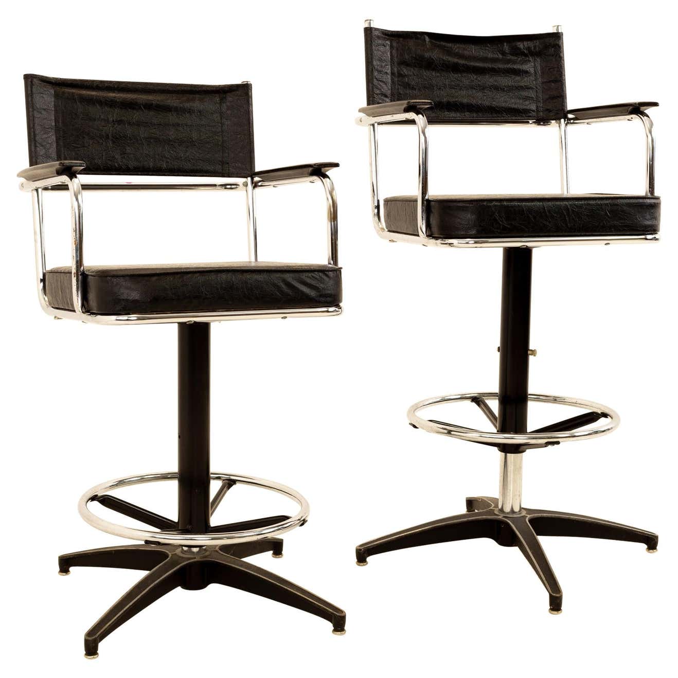Mid Century Black Vinyl Bar Stools, Pair For Sale at 1stDibs