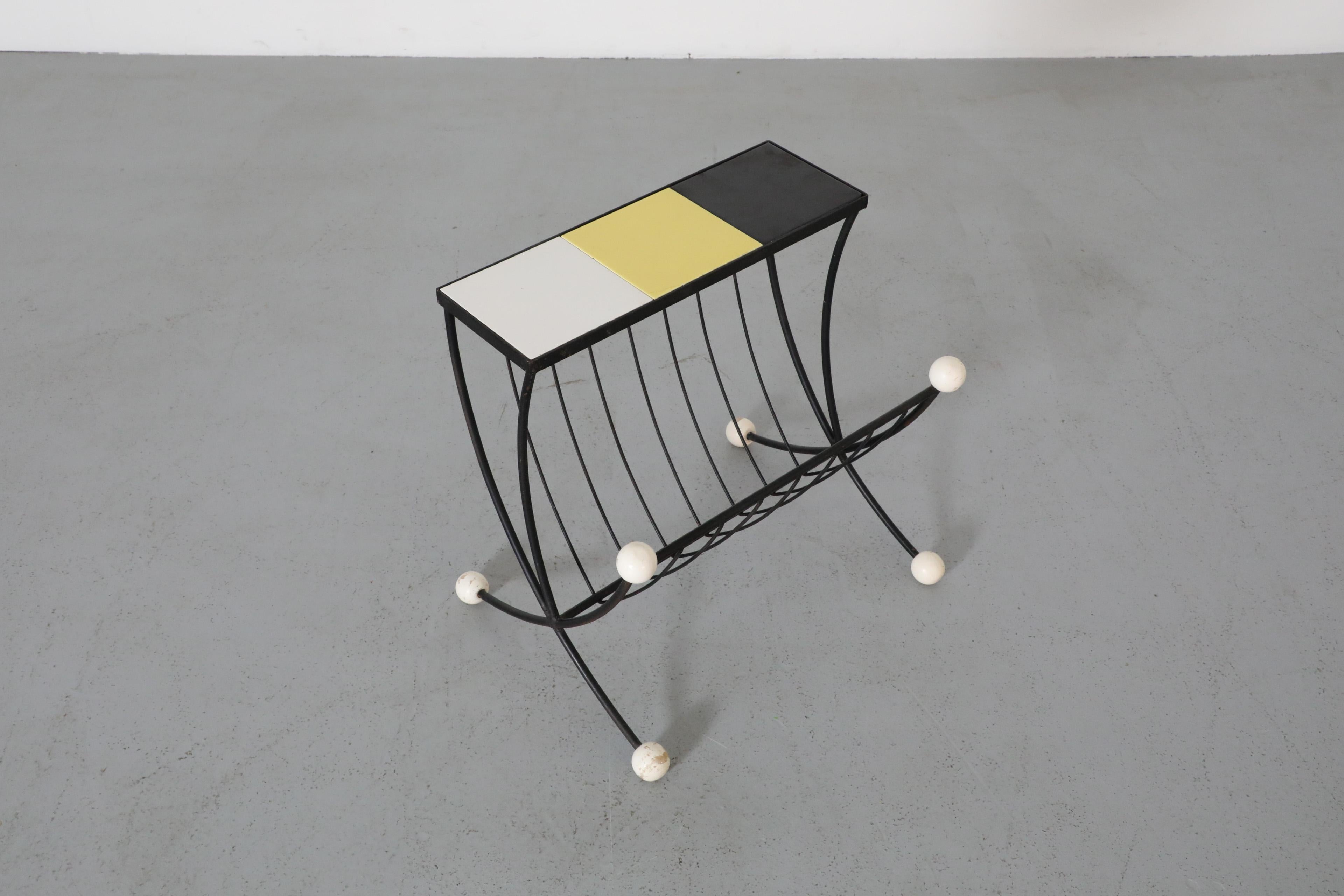 Metal Mid-Century Black Wire Side Table w/ Magazine Rack and Multi-Colored Tiles For Sale