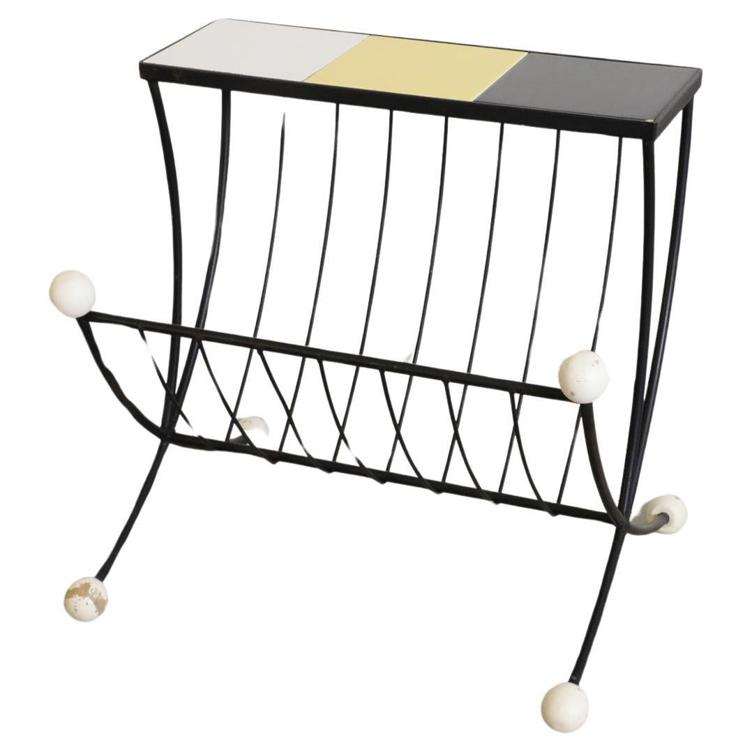 Mid-Century Black Wire Side Table w/ Magazine Rack and Multi-Colored Tiles For Sale