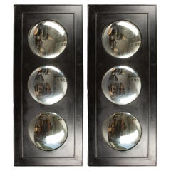 Mid- Century Black Wood Panels with Convex Mirrors - Elegant Reflections