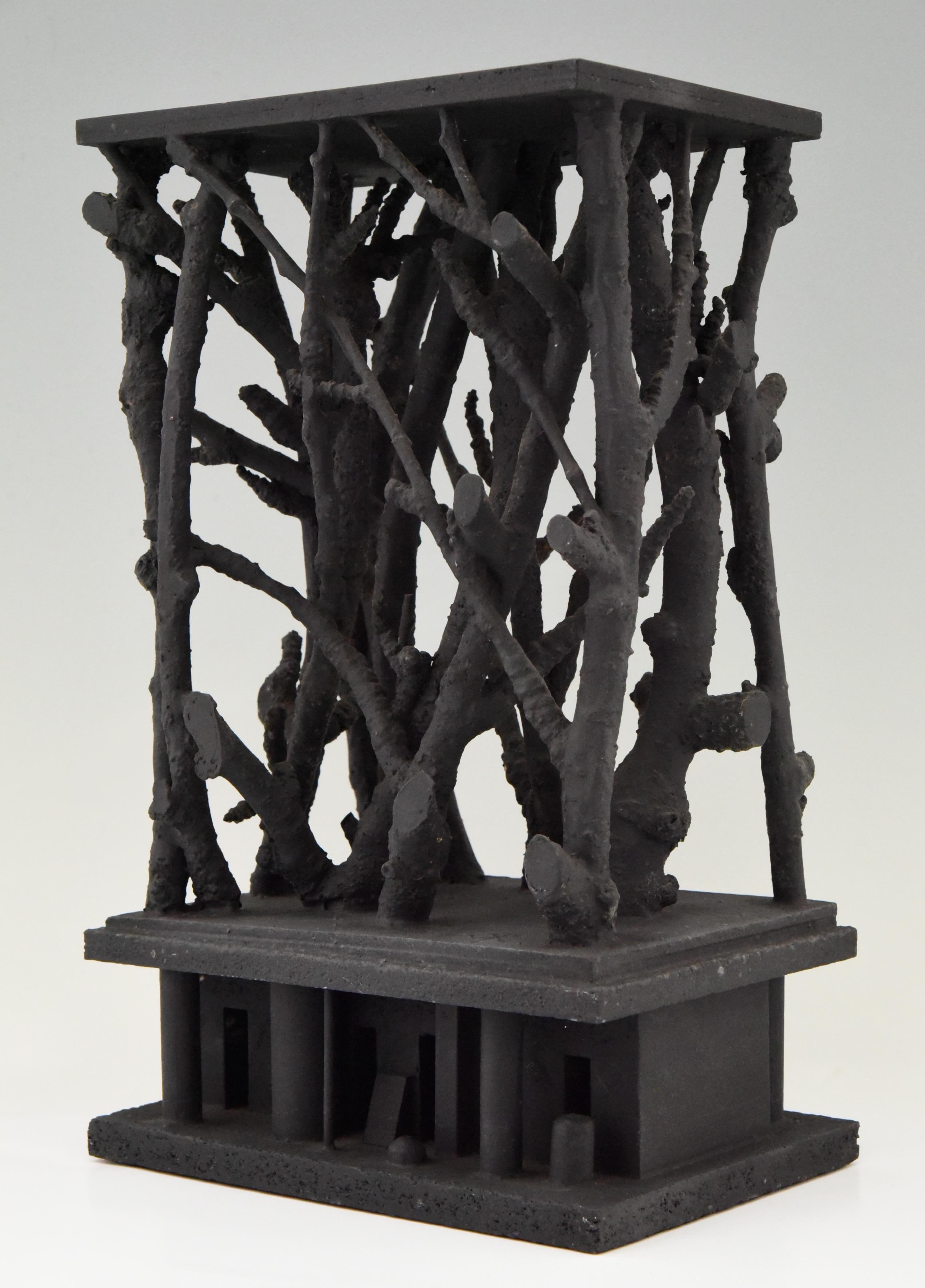 Mid-Century Modern Midcentury Black Wooden Sculpture with Natural Branches by André Pailler, 1970