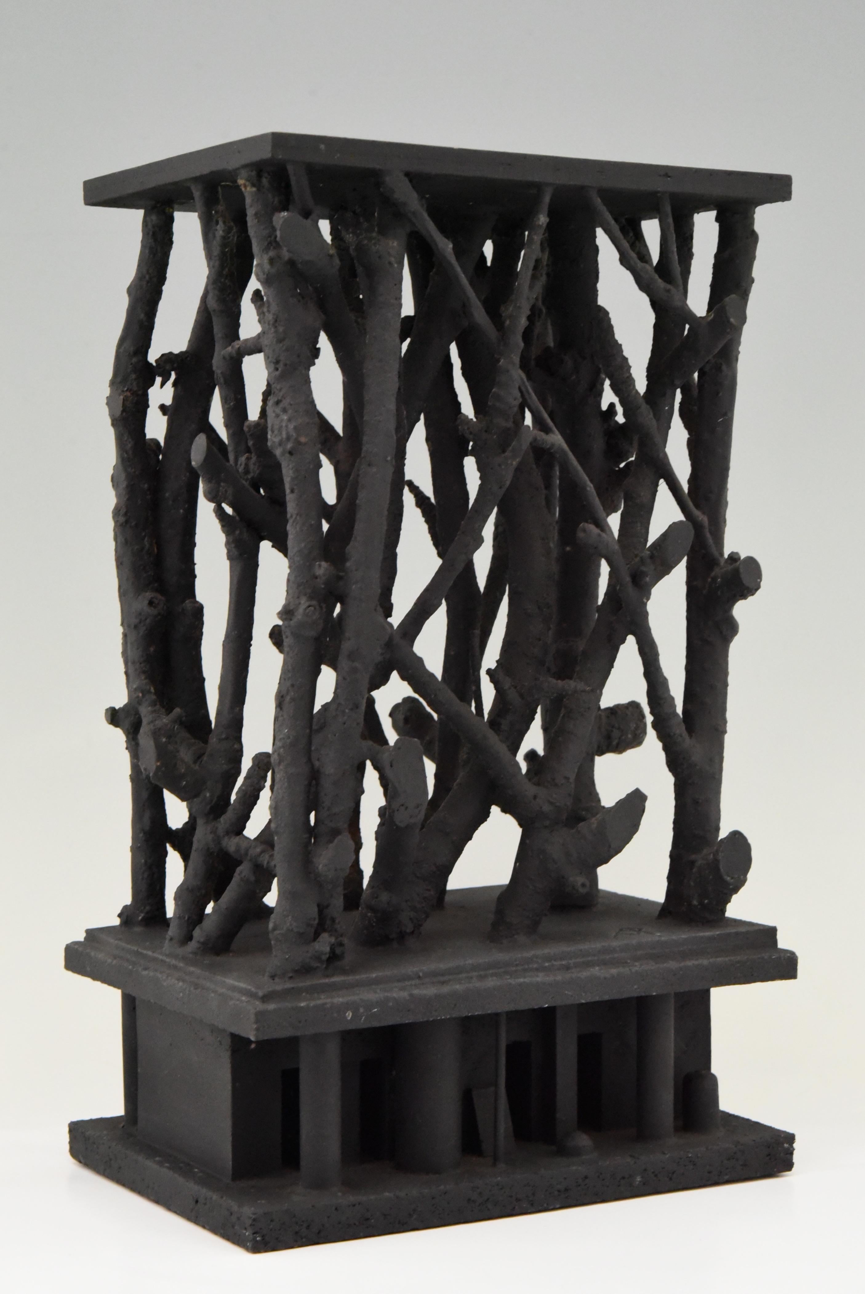 Midcentury Black Wooden Sculpture with Natural Branches by André Pailler, 1970 1