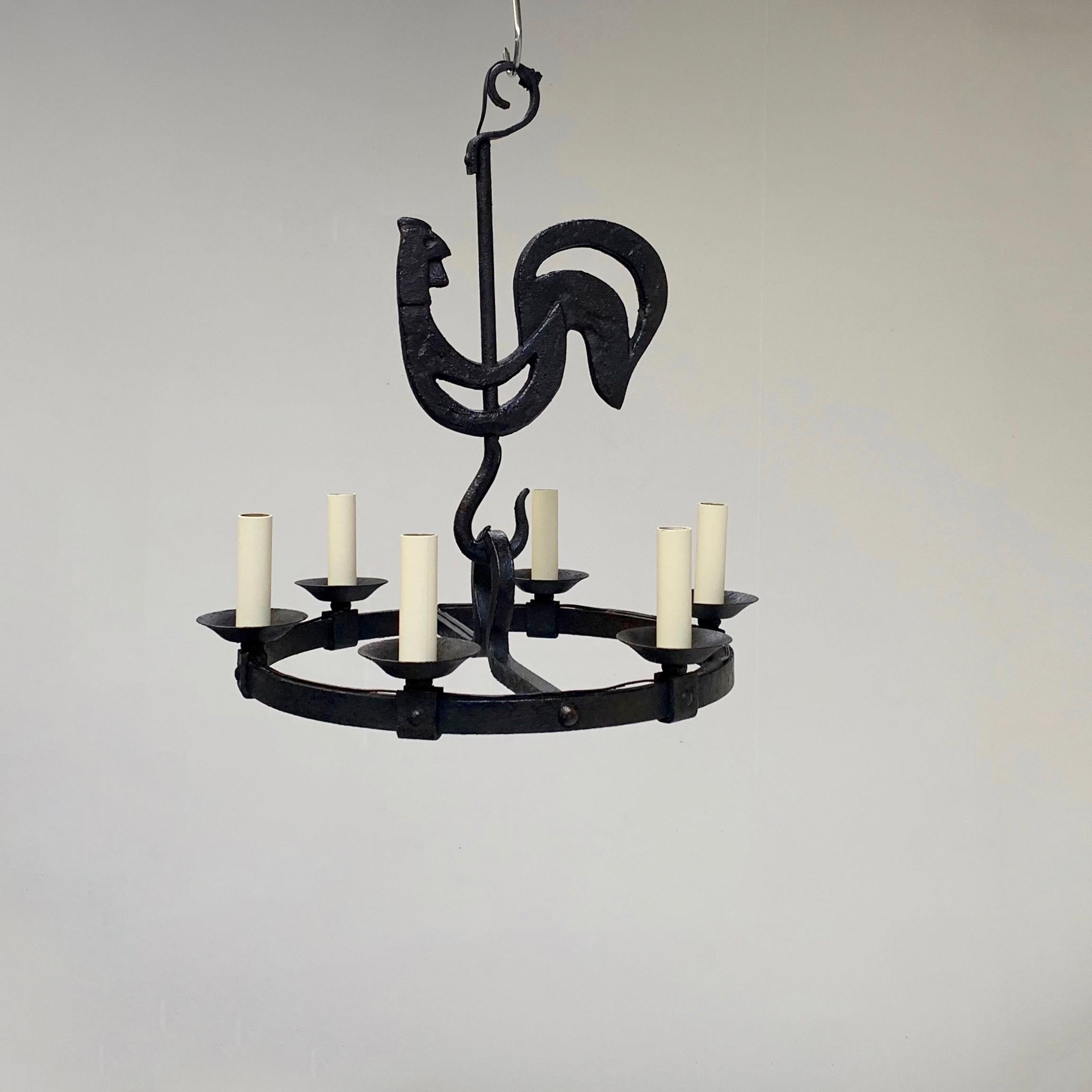 Mid-Century Black Wrought Iron Girouette Chandelier, France circa 1950. For Sale 11