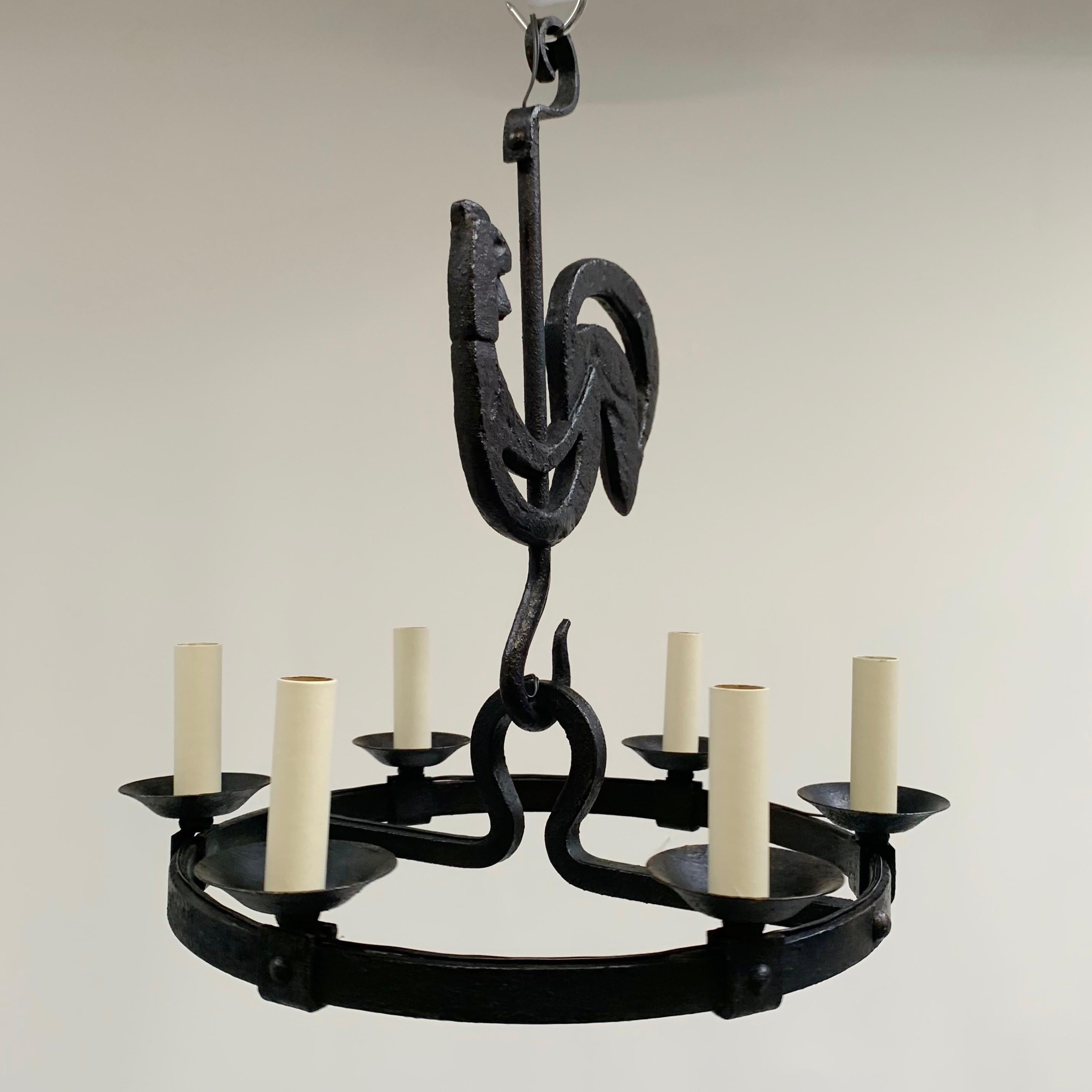 Mid-Century Modern Mid-Century Black Wrought Iron Girouette Chandelier, France circa 1950. For Sale
