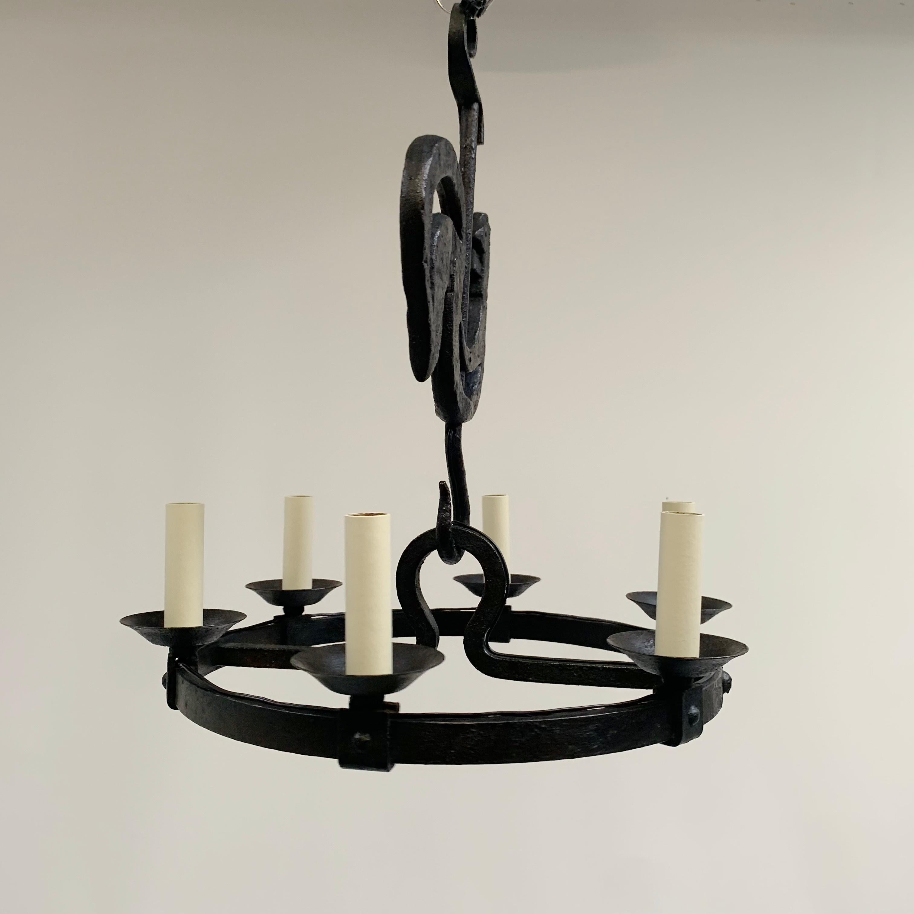 French Mid-Century Black Wrought Iron Girouette Chandelier, France circa 1950. For Sale