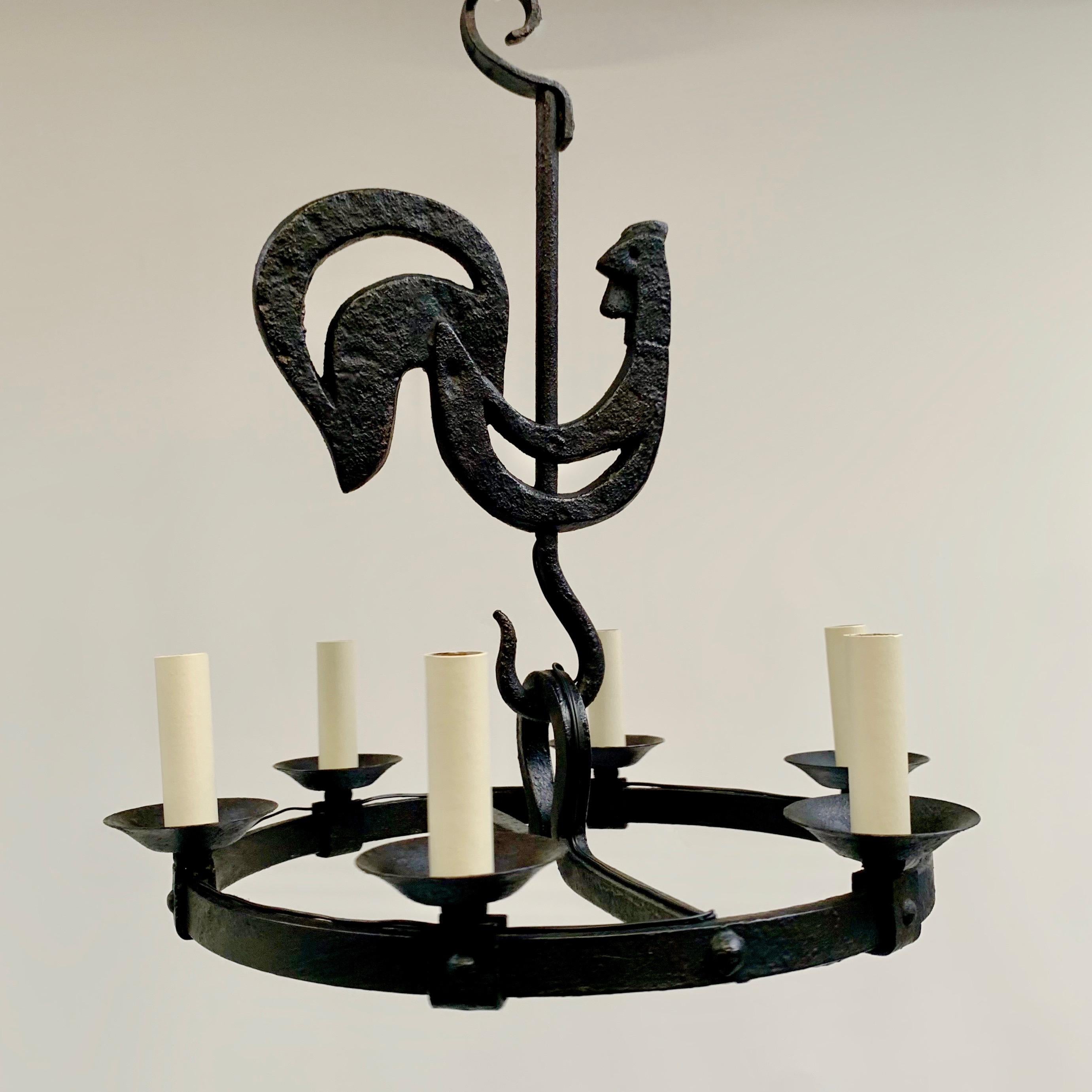Mid-Century Black Wrought Iron Girouette Chandelier, France circa 1950. In Good Condition For Sale In Brussels, BE