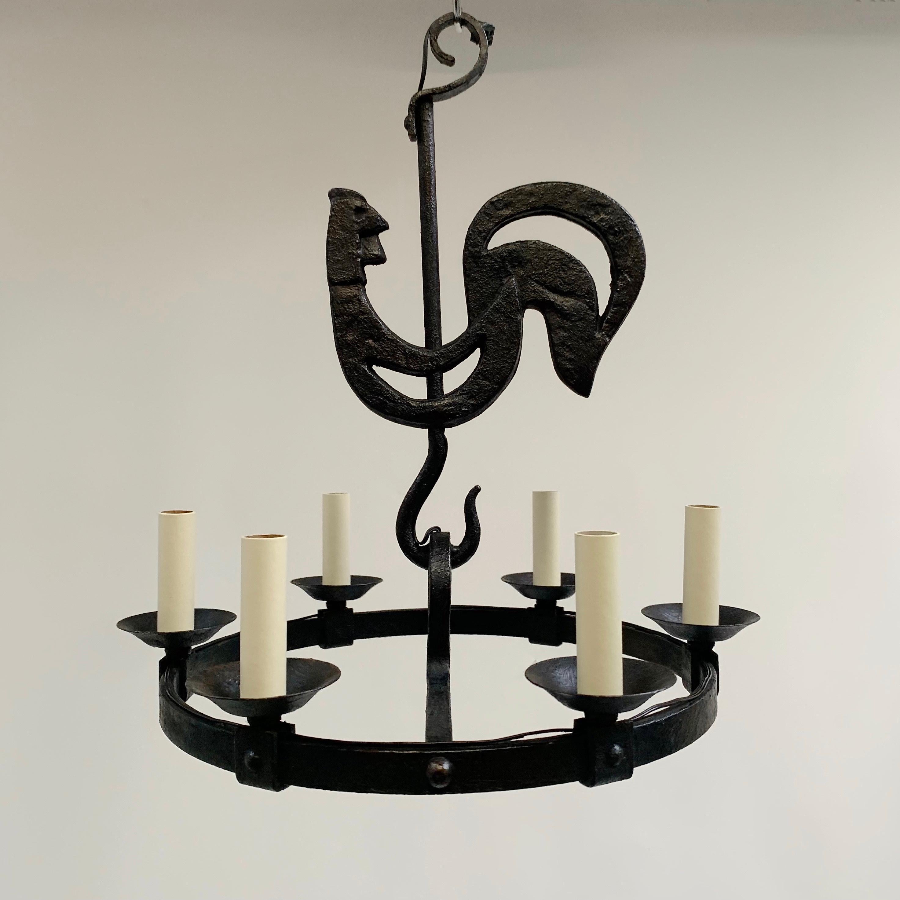 Mid-20th Century Mid-Century Black Wrought Iron Girouette Chandelier, France circa 1950. For Sale
