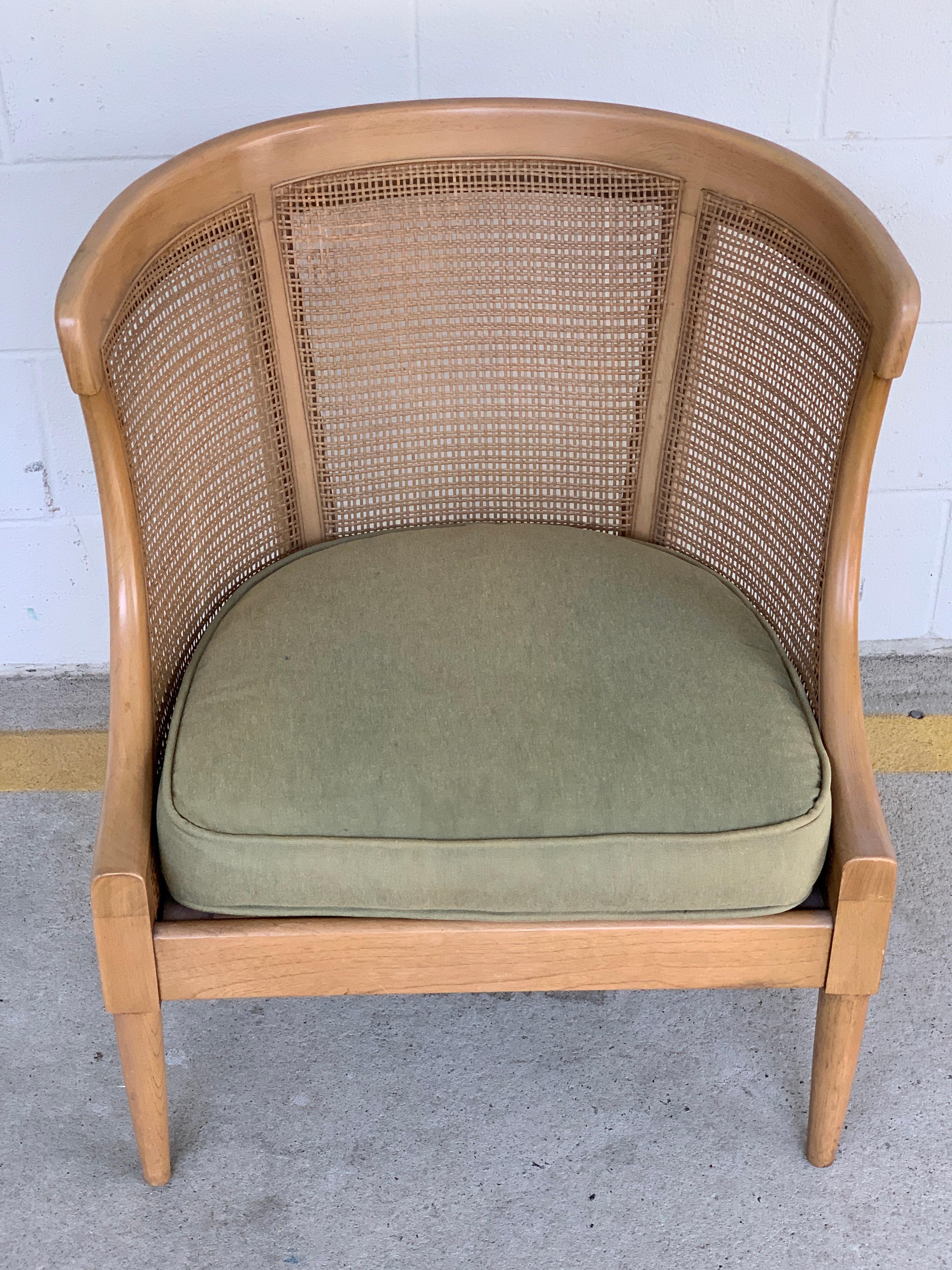 Midcentury bleached and caned barrel back chair, with unique caning pattern, and upholstered seat.